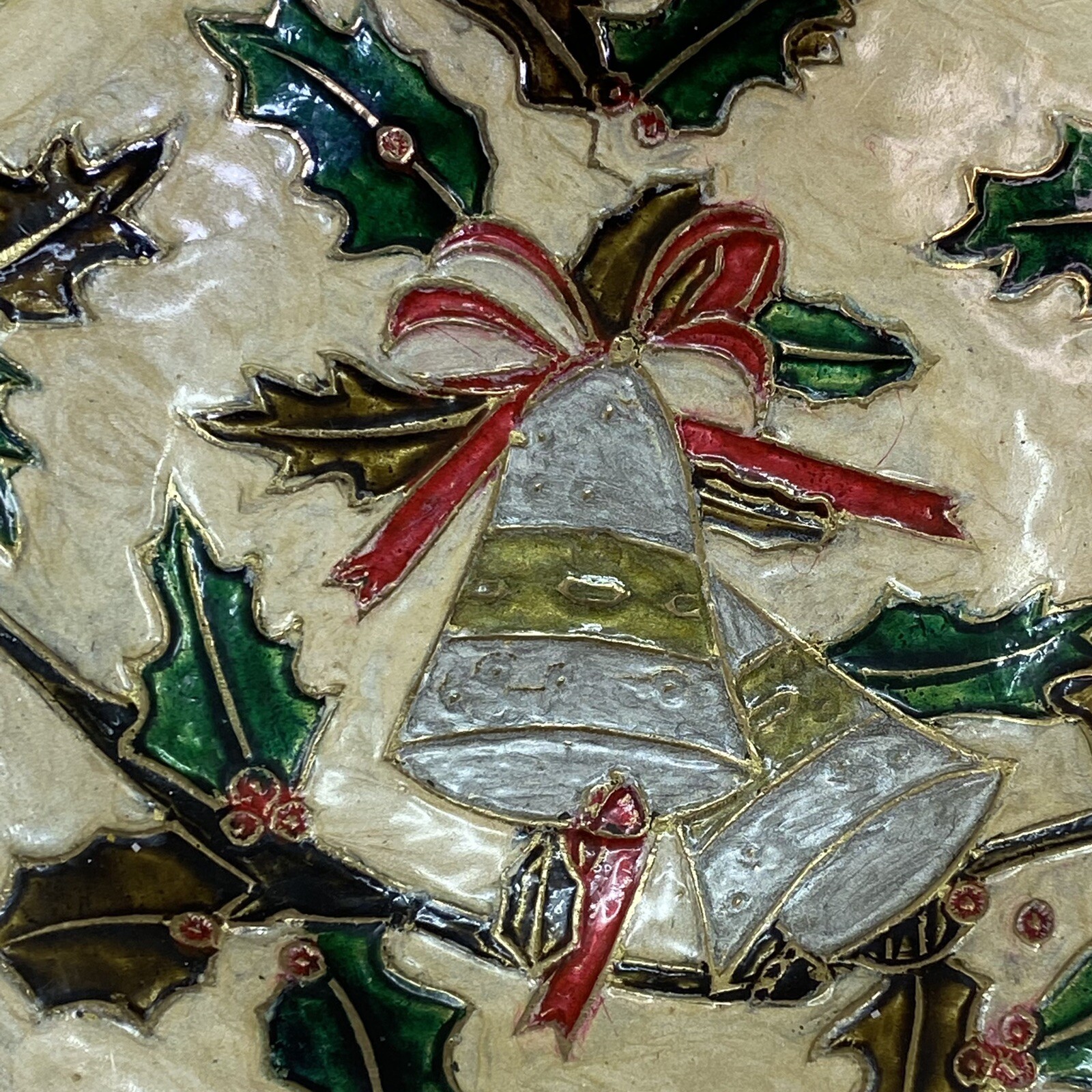 Vintage Cloisonne Enamel Finish Brass India Holly Bells Christmas Vase & Dish 5”