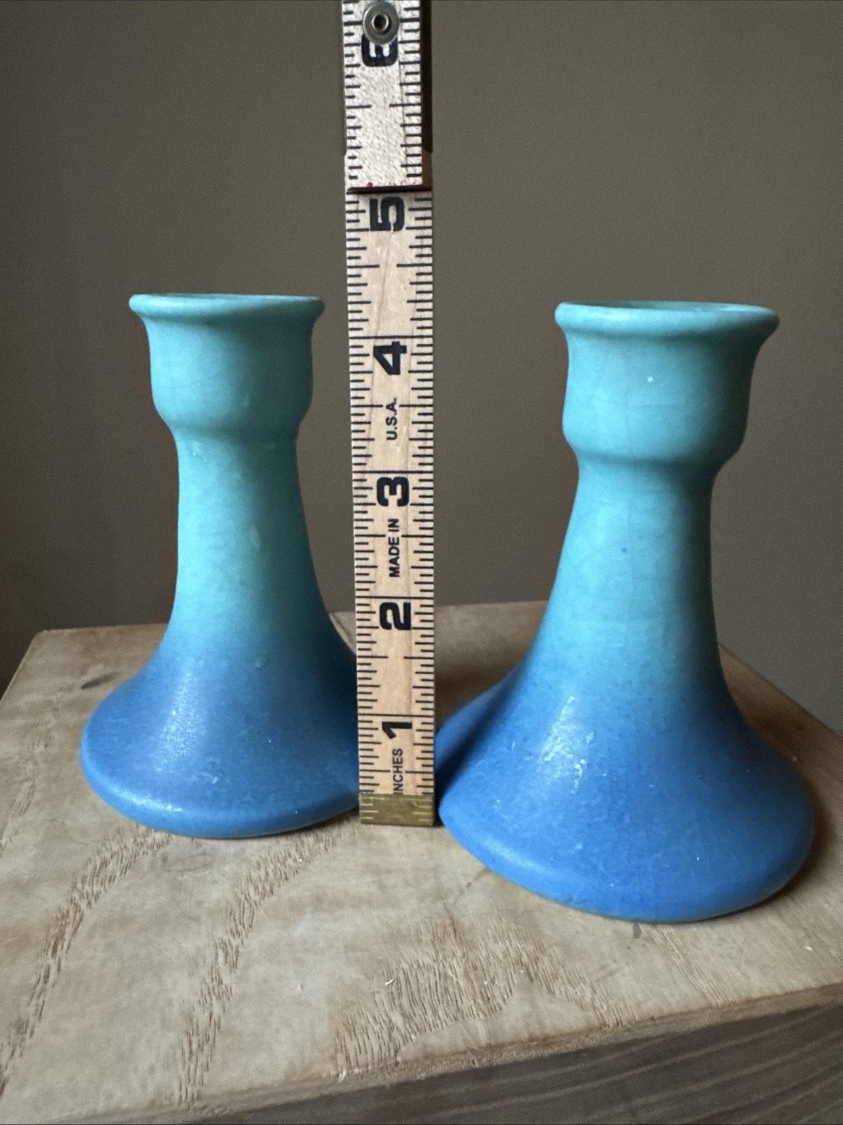 Vintage Van Briggle Ming Blue Art Pottery Candlestick Holders Pair 4.5 Inches