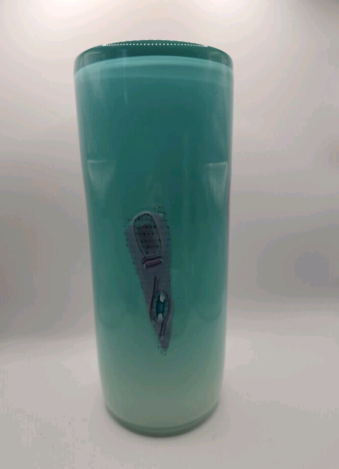 Signed Studio Art Glass Vase Teal Frosted Abstract Geometric Postmodern 10″ 1992