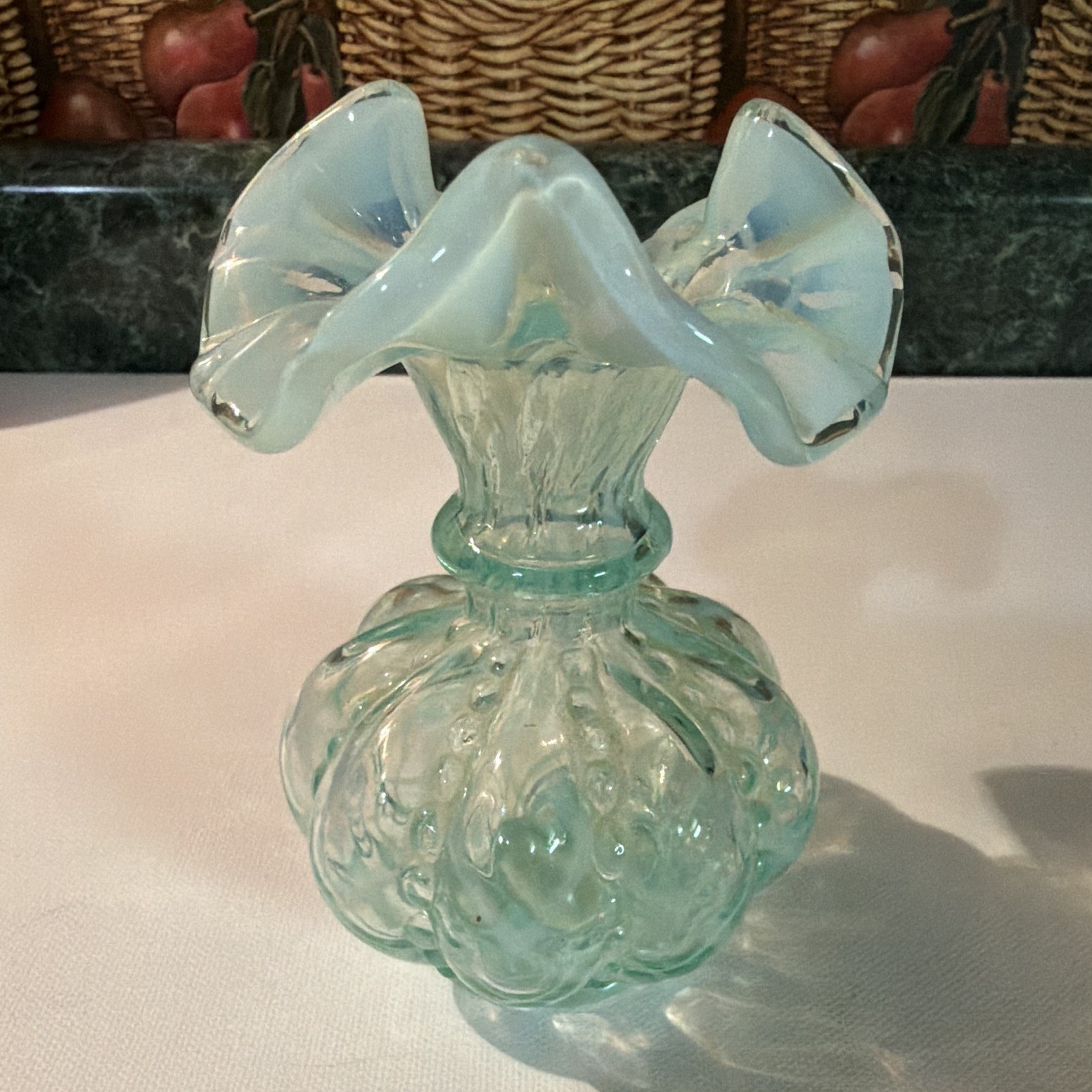 Blue Opalescent Glass Bud Vase, Ruffled Pattern Rim, 4 in Tall, Signed, Fenton