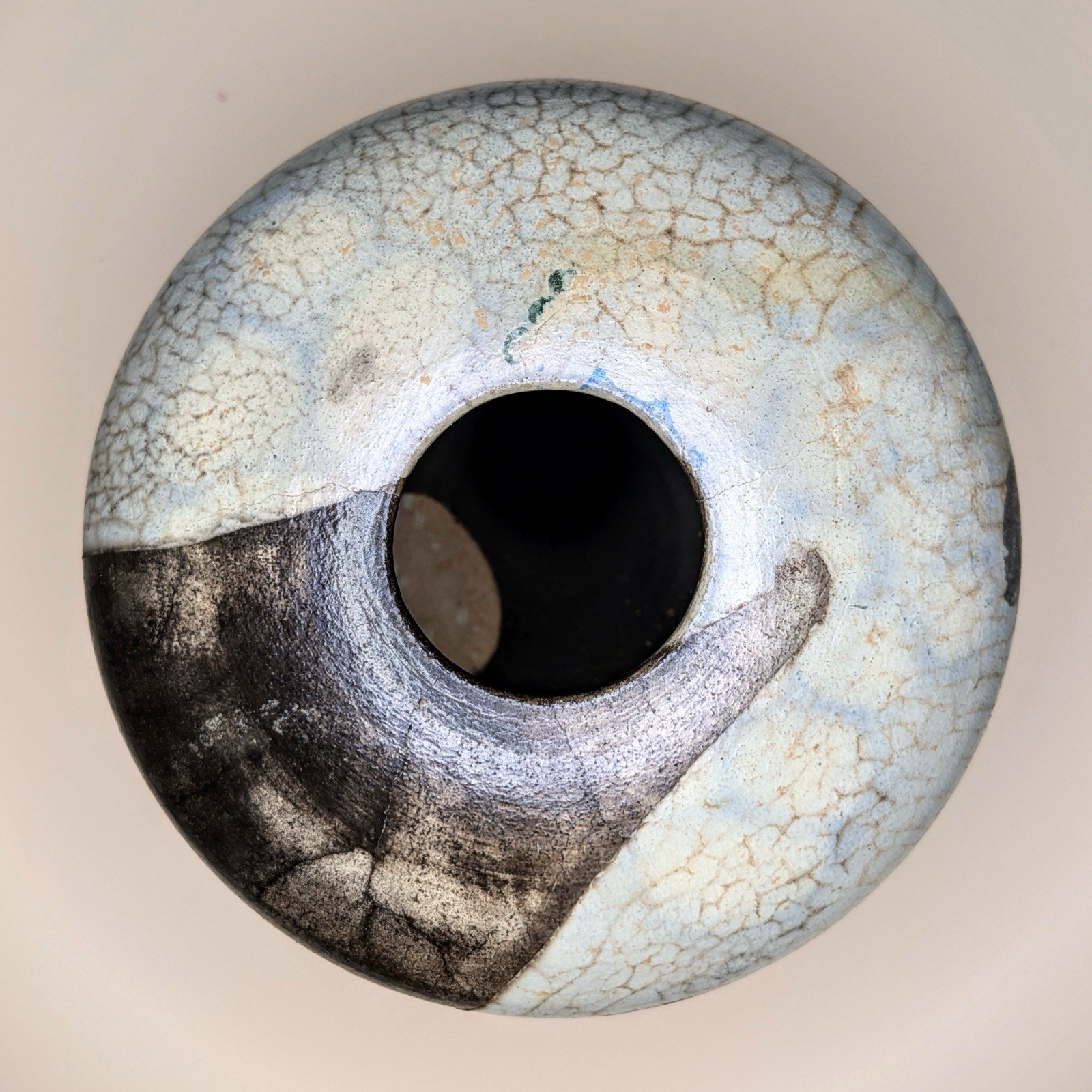 Medium Raku Fired Vessel Heavy Fine Line Crackle Glaze Pale White Dark Carbon