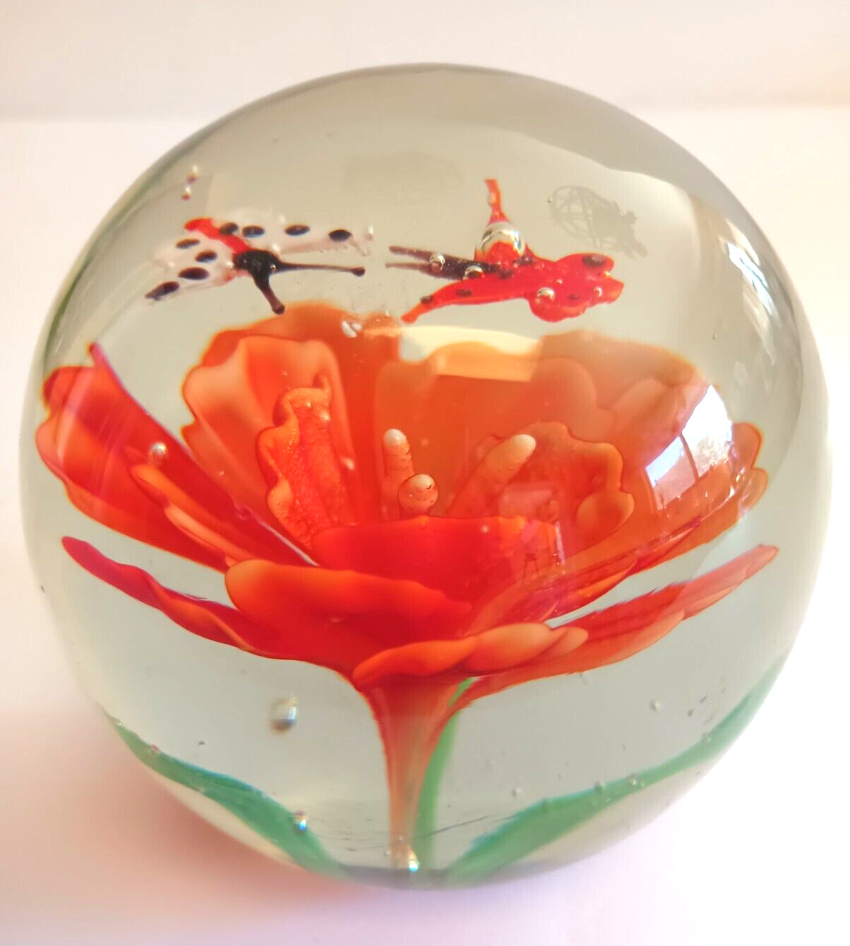 Glass Paperweight with Blush Red Flower and Two Butterflies Art Vintage