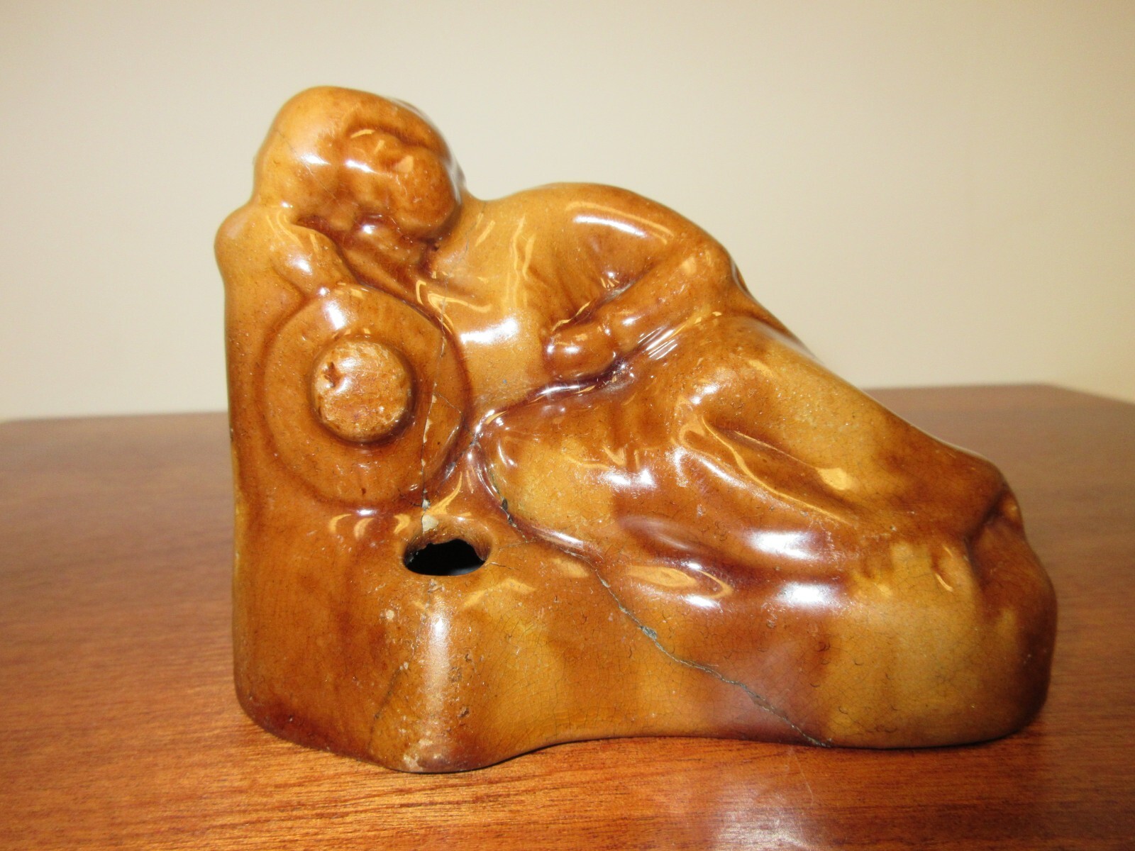 antiqu BENNINGTON ROCKINGHAM POTTERY RECLINING SLEEPING WOMAN w HAT INKWELL RARE