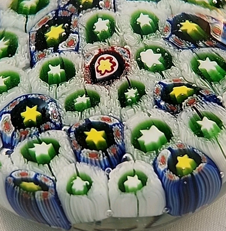 Handblown Art Glass Paperweight Millefiori Canes Flowers Stars 2.25″ Tall TOZAI