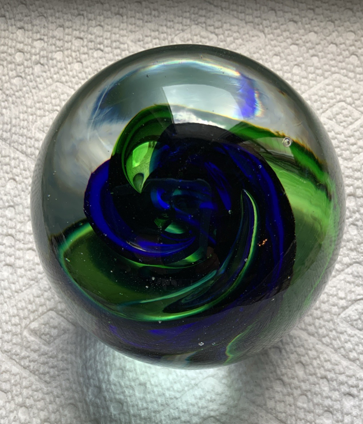 Vintage Decorative Hand Blown Glass Paperweight, Circular 6″, Blue Green,White