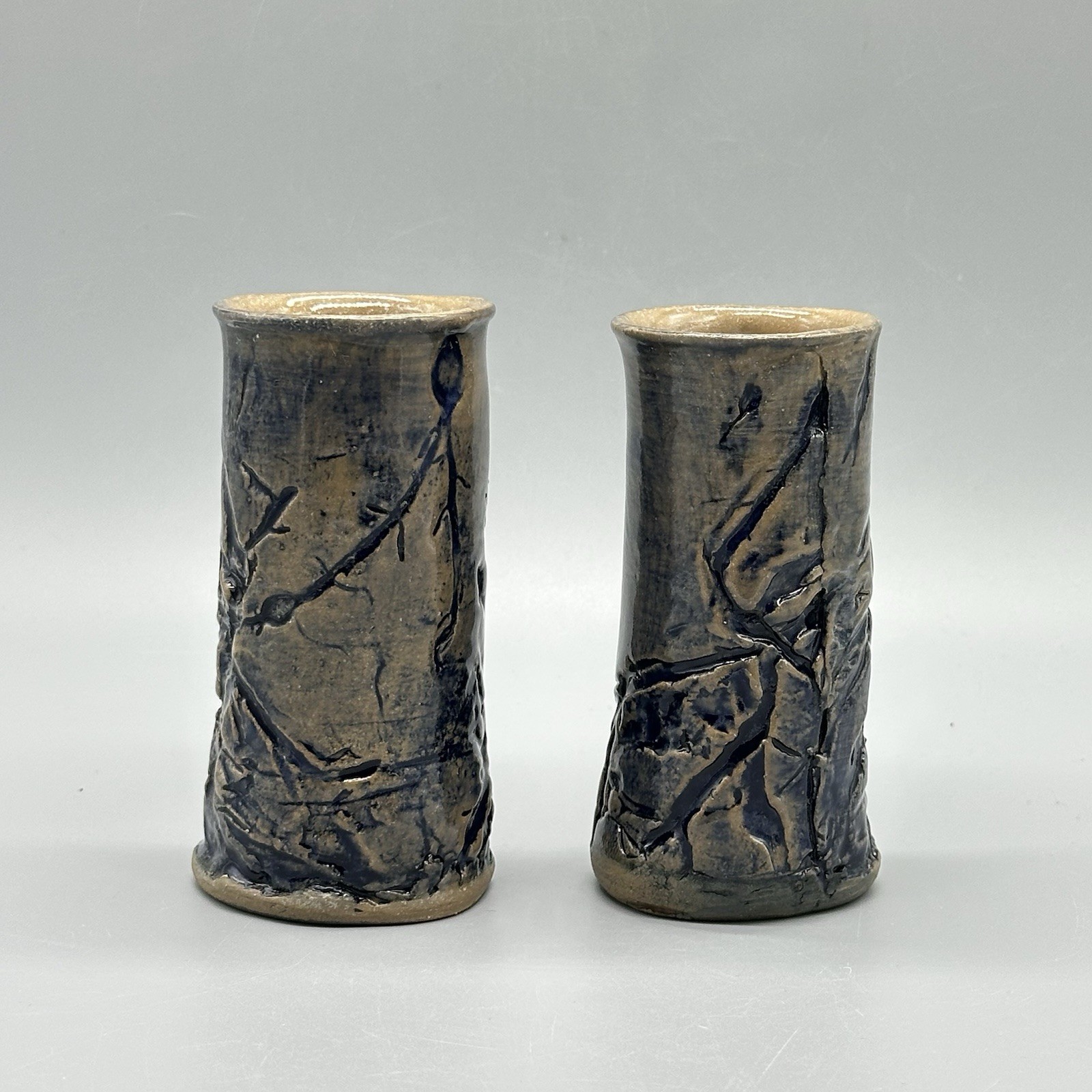 Studio Art Pottery Set Of 2 Handmade 4.5” Abstract Colorful Textured Vases