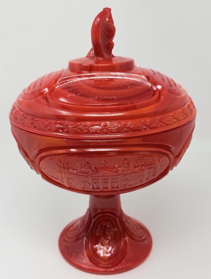Vintage Fenton Art Glass Patriotic Red Bicentennial Compote Dish Slag Glass READ