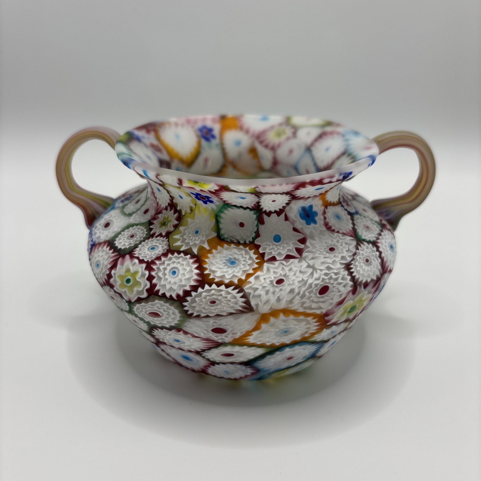 Vintage Murano Millefiori Art Glass Double Handled Vase Fratelli Toso Style 4”