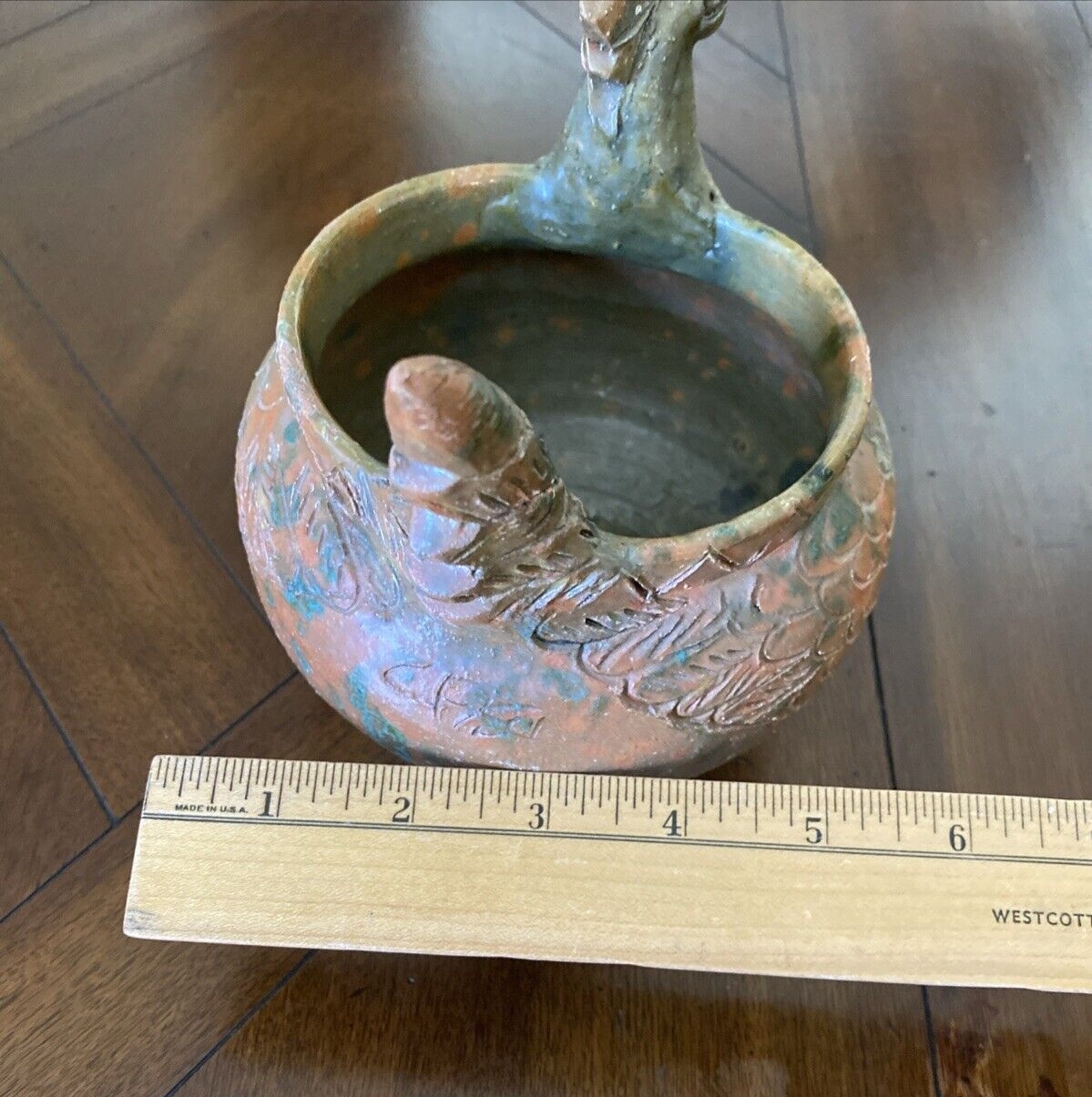 IGNAZIO CASU Italy Sardinia Terracotta Clay Rooster Bowl 7” tall Signed Rare