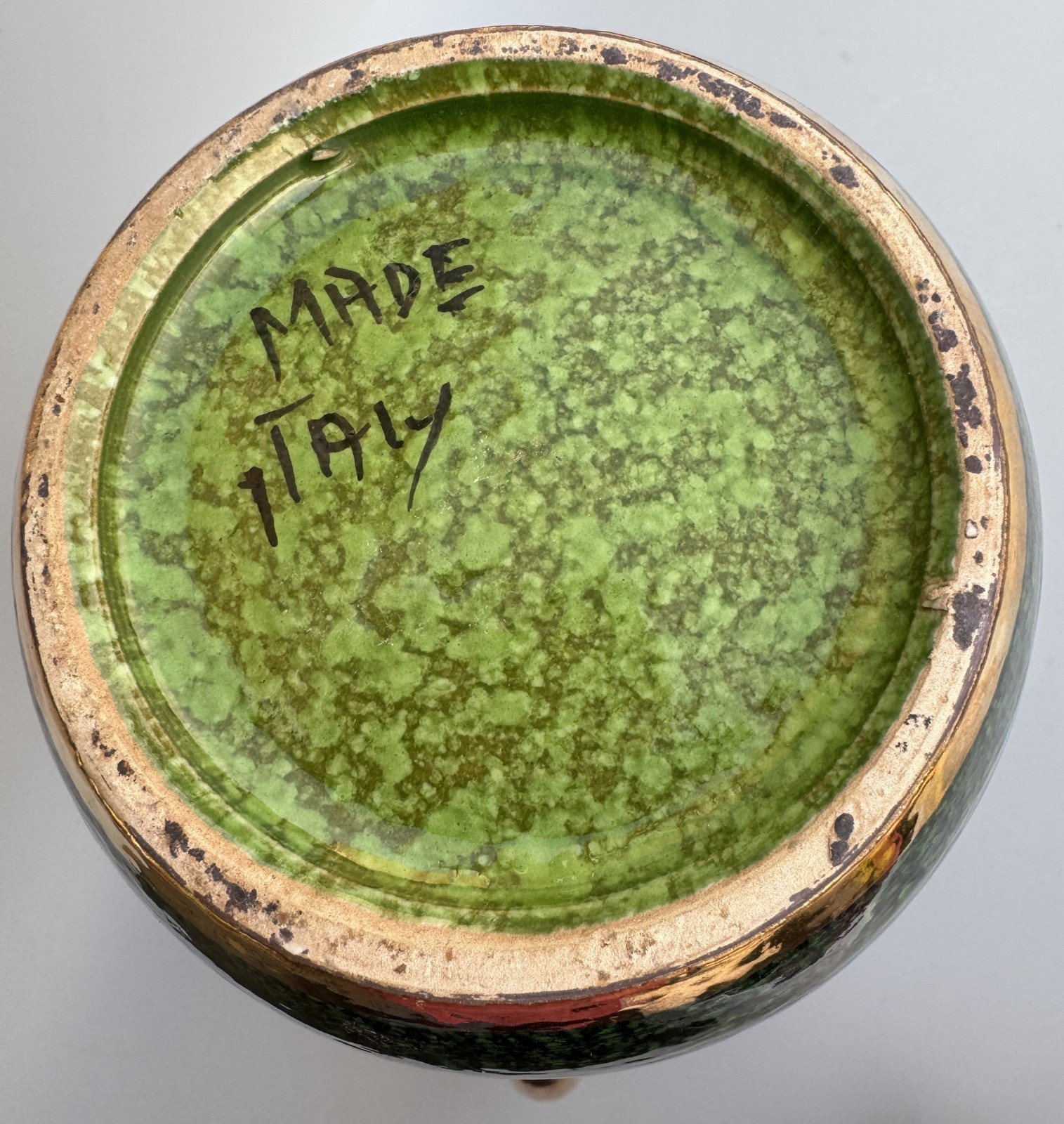 Italian Pottery Pitcher, Mid 20th Century, Green with Gold Accents, Italy