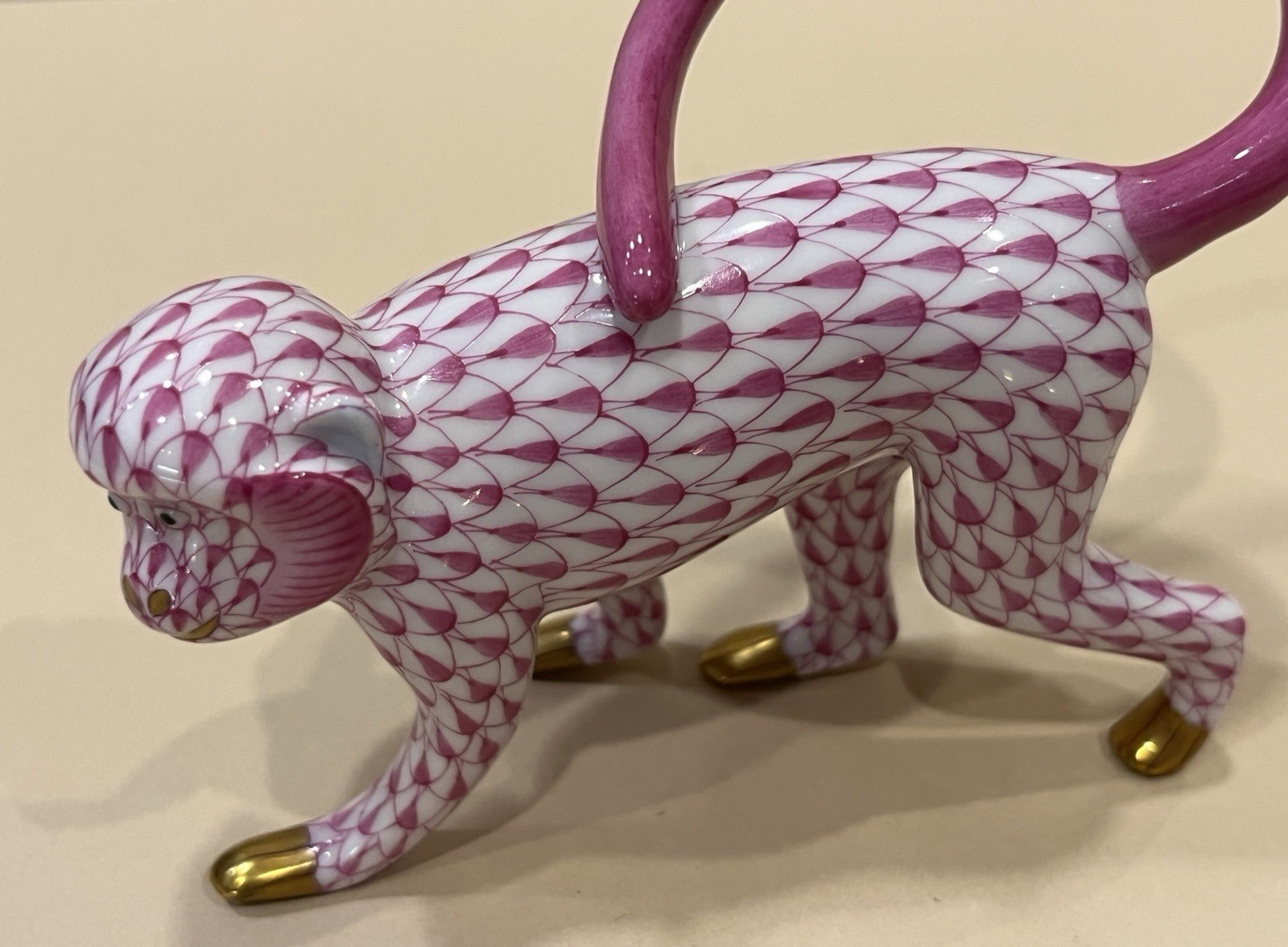 Herend Figurine Monkey Walking Raspberry Pink Fishnet