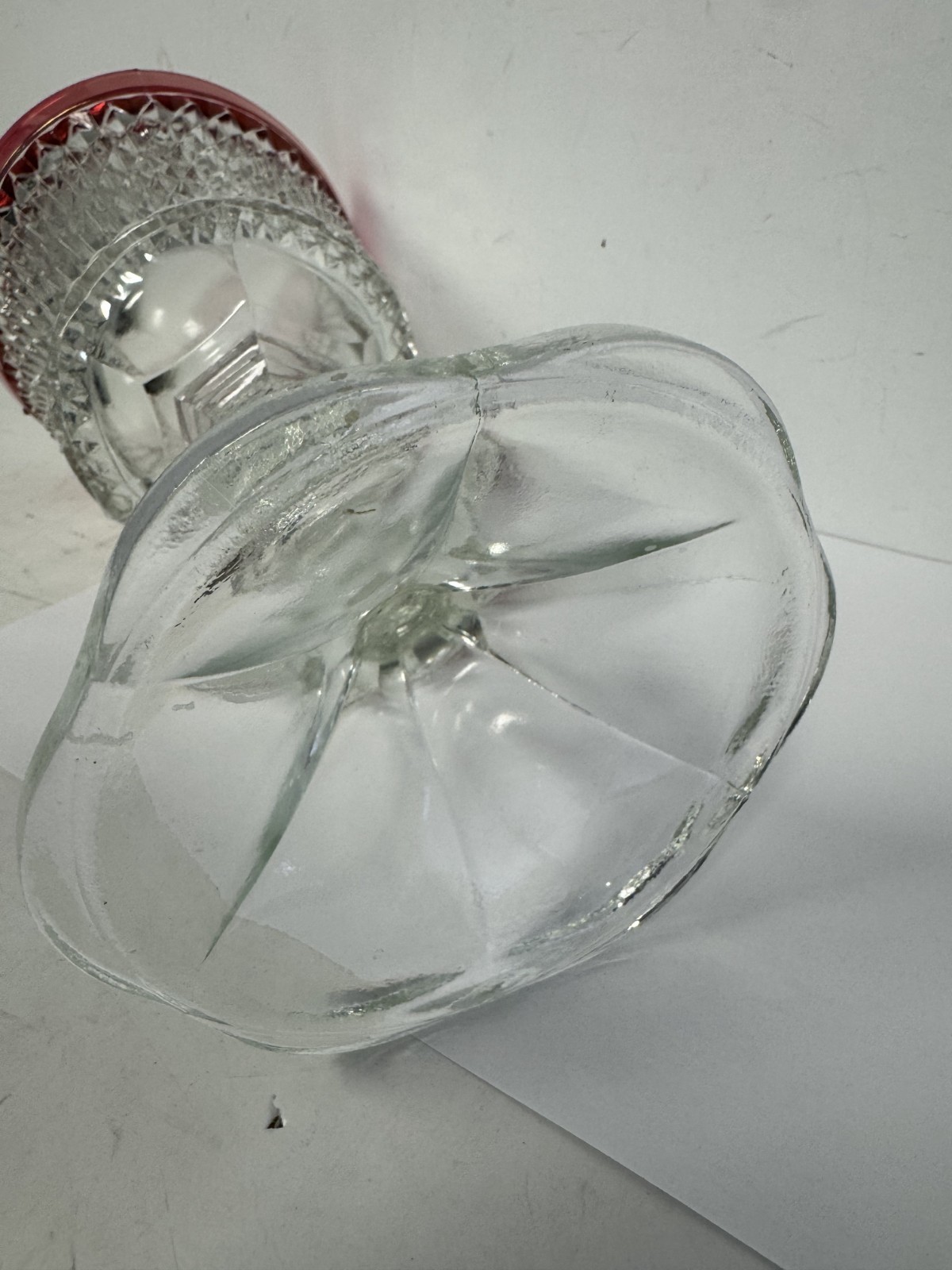 Vtg Indiana Glass Diamond Point Footed Urn/Compote w/Cranberry Flash 11”H 5.5″W