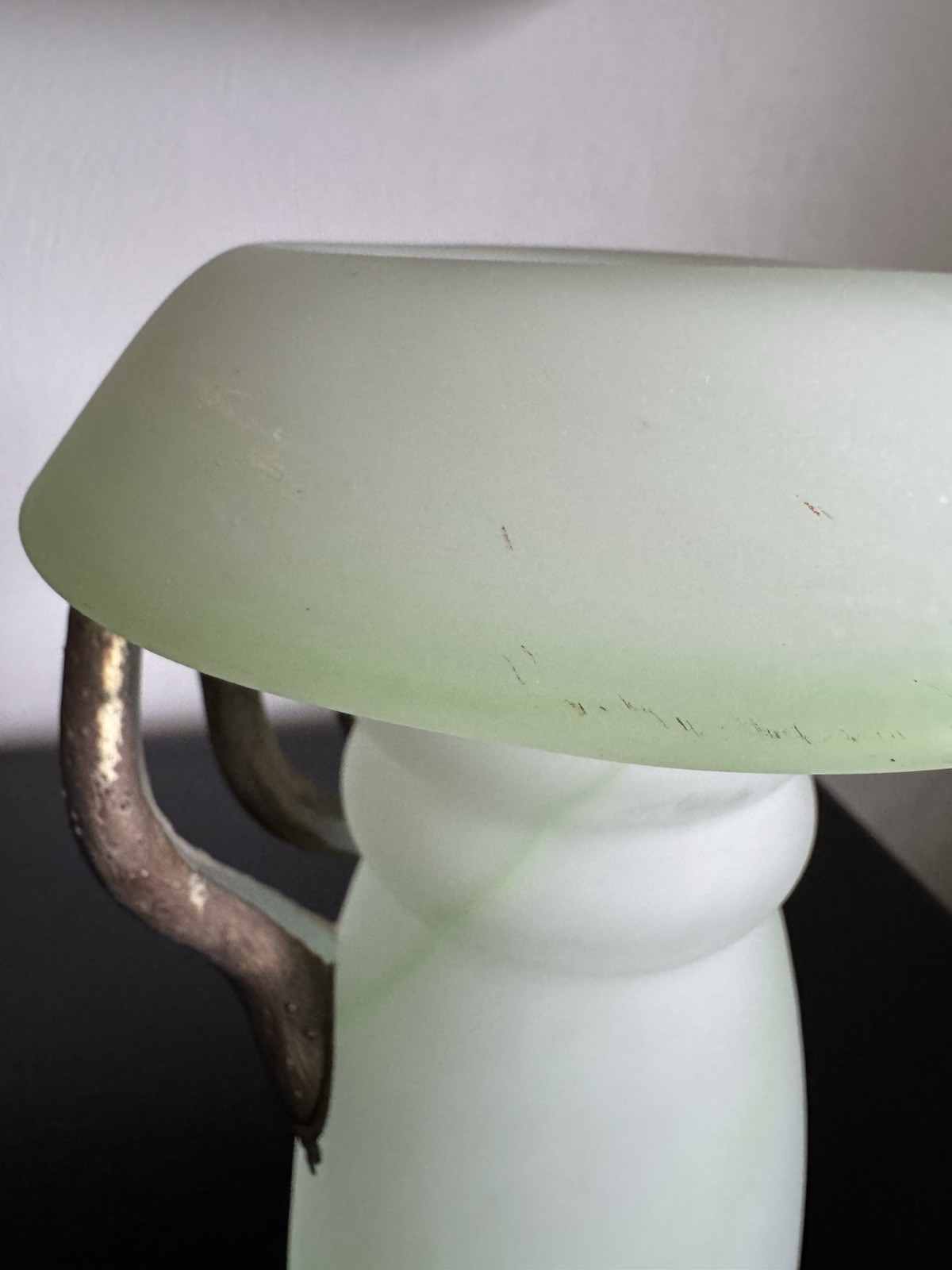 ROMBLASZNA Frosted Swirl Art Glass Vase w/ Metal Handles Romania White/Green