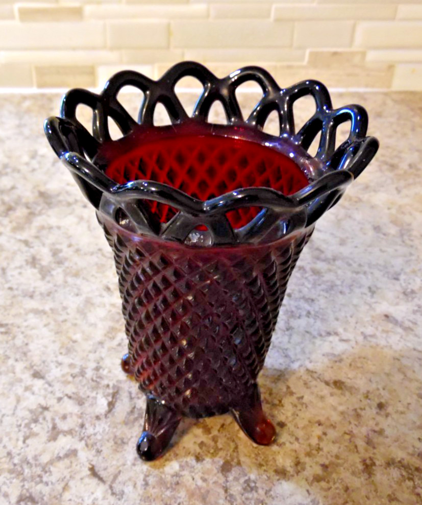 Vintage Imperial Glass Vase Diamond Point Pattern Ruby Red Open Lace Rim