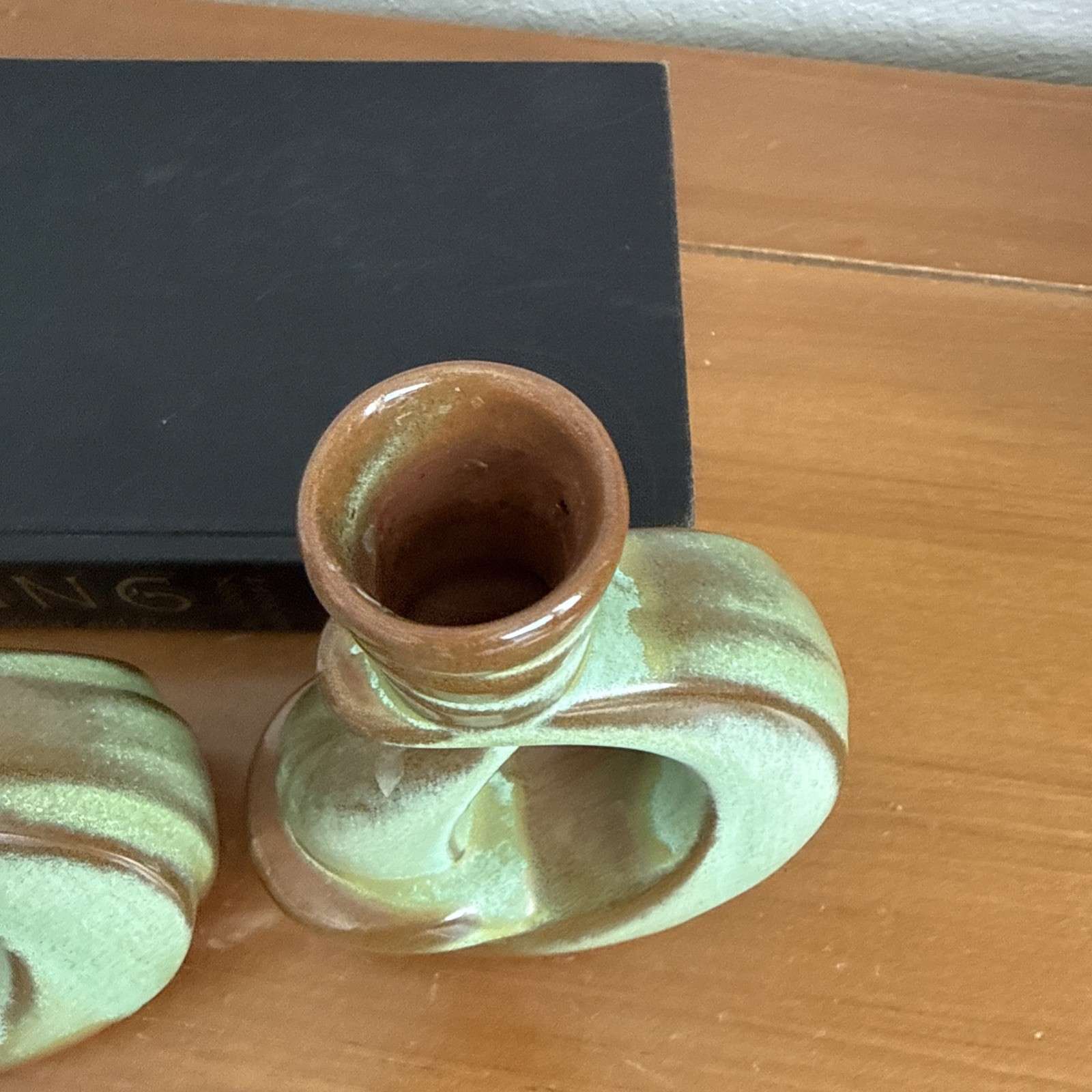Vintage Frankoma 305 Pottery Prairie Green & Brown Candleholders Set-2