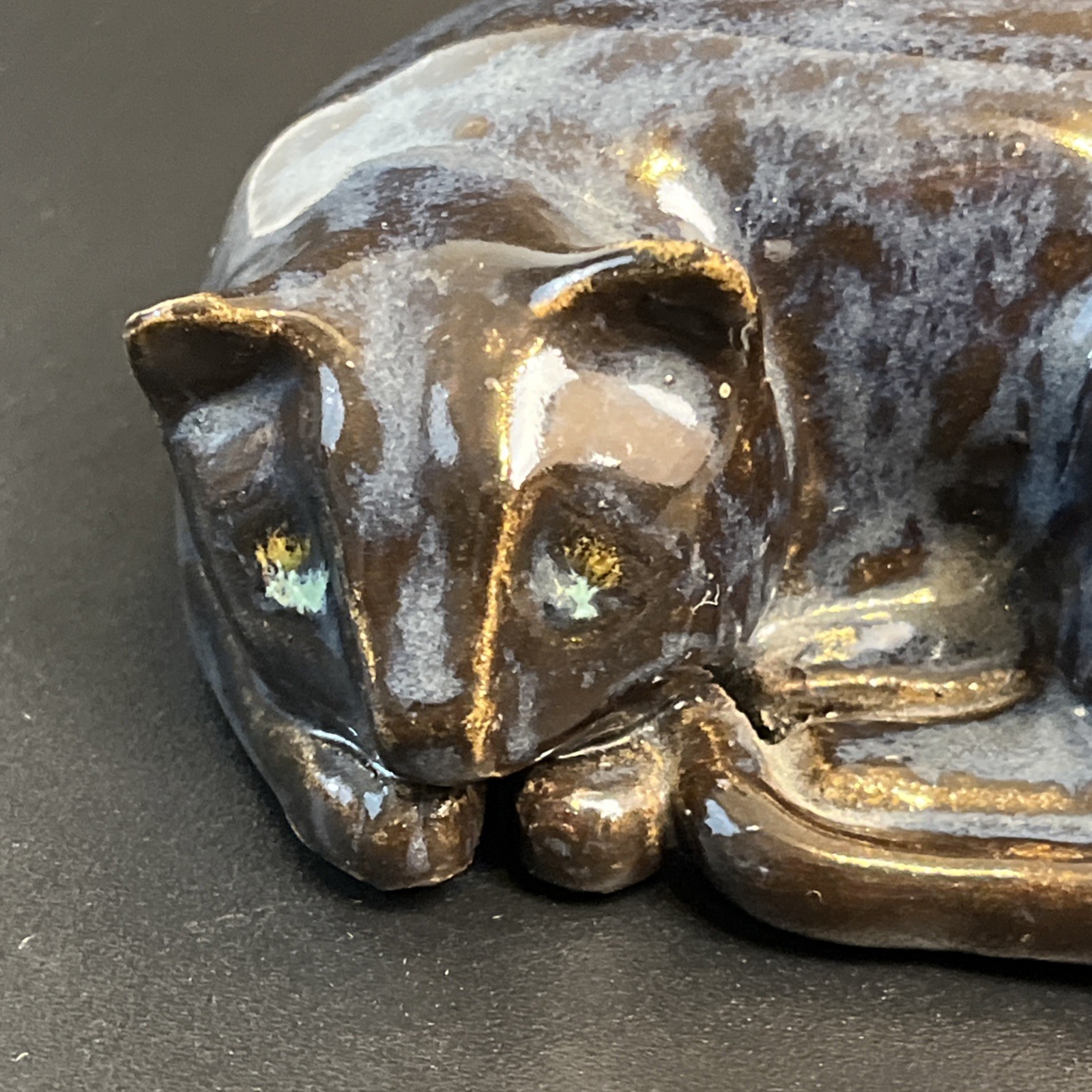 Vtg Raku Style Pottery Sleeping Cat Kitten Figurine Black Figurine 5″ Clay