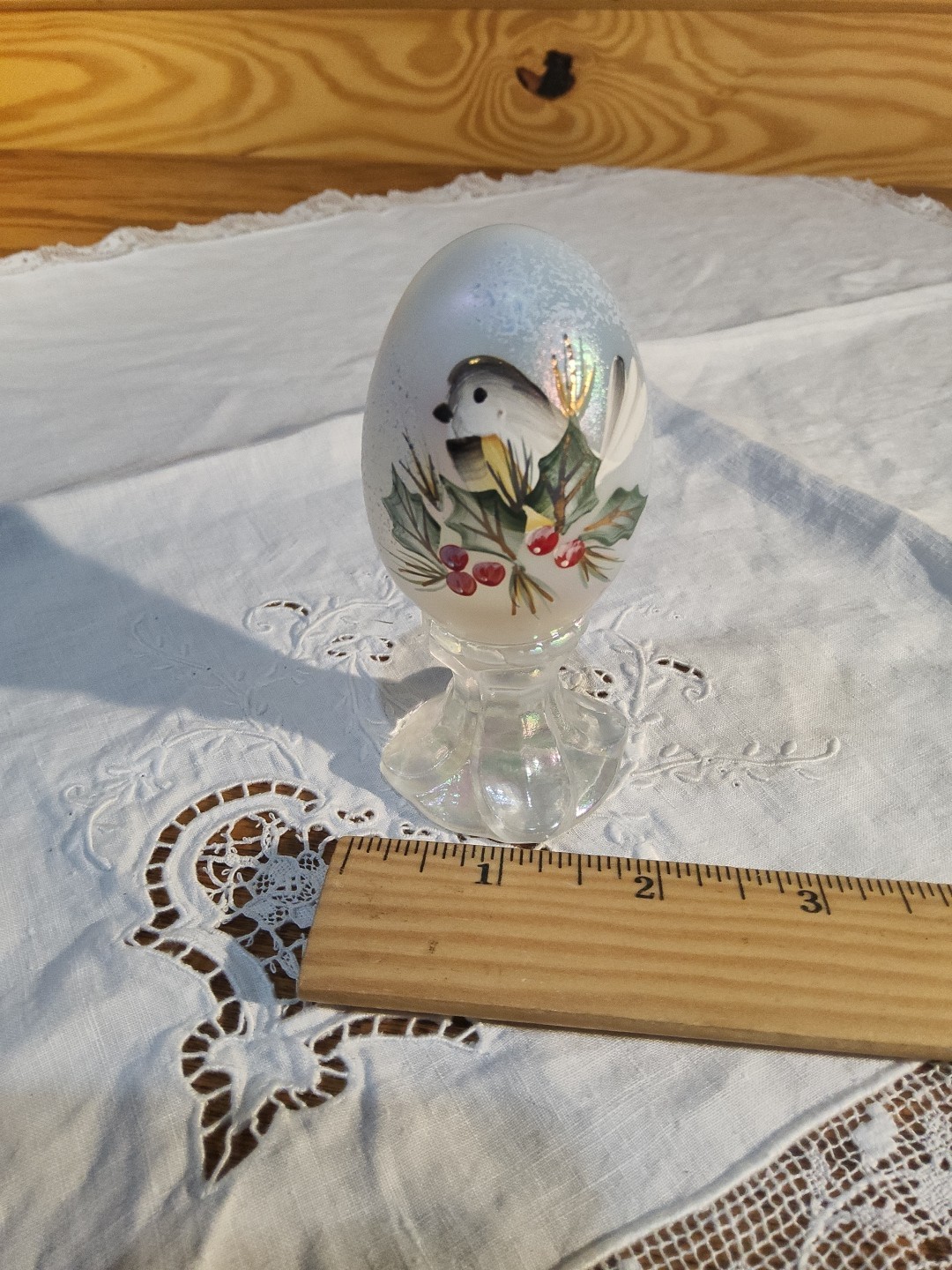 Fenton QVC French Art Glass Egg HP Sparrow on Holly Berry 2003 Christmas Holiday