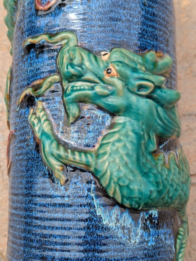 MCM Cobalt Chinese Chinoiserie Wrap Around Dragon Motif Glazed Ceramic 16″ Vase