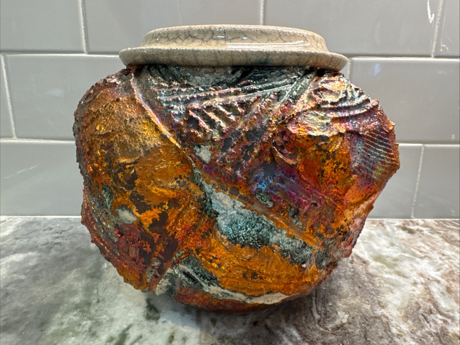 Bruce Odell Studio Pottery Raku Iridescent Vase, 2012 Signed, 5.75”x6.25” PO-LN