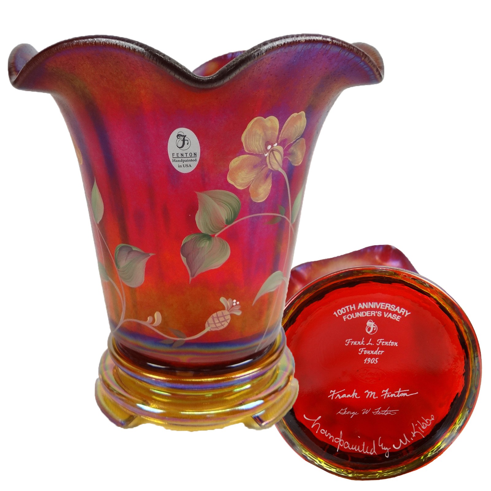 Signed Ruby Fenton Vase 100th Anniversary Limited Hand Painted with Base and Box