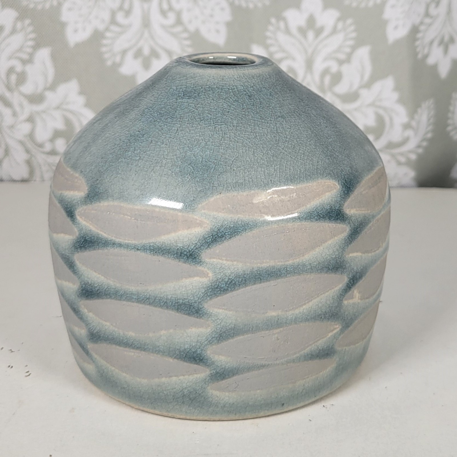Unique Teal and Gray Vase, Crackle Glaze 3.75″ tall