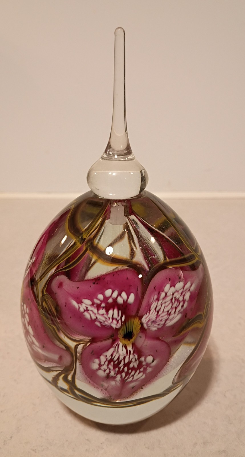 Gorgeous 3 Flowers & Vines 2001 Robert Eickholt Art Glass Perfume Bottle