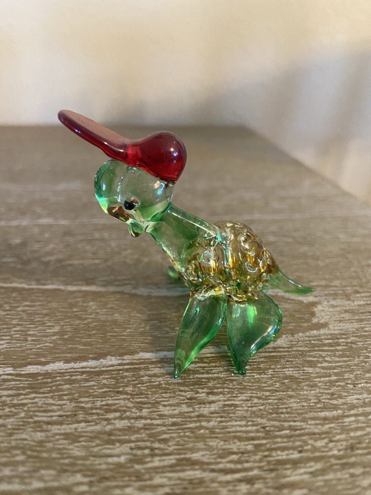 Hand Blown glass Green/yellow Turtle Wearing Baseball Cap 2” W X 1.5” T