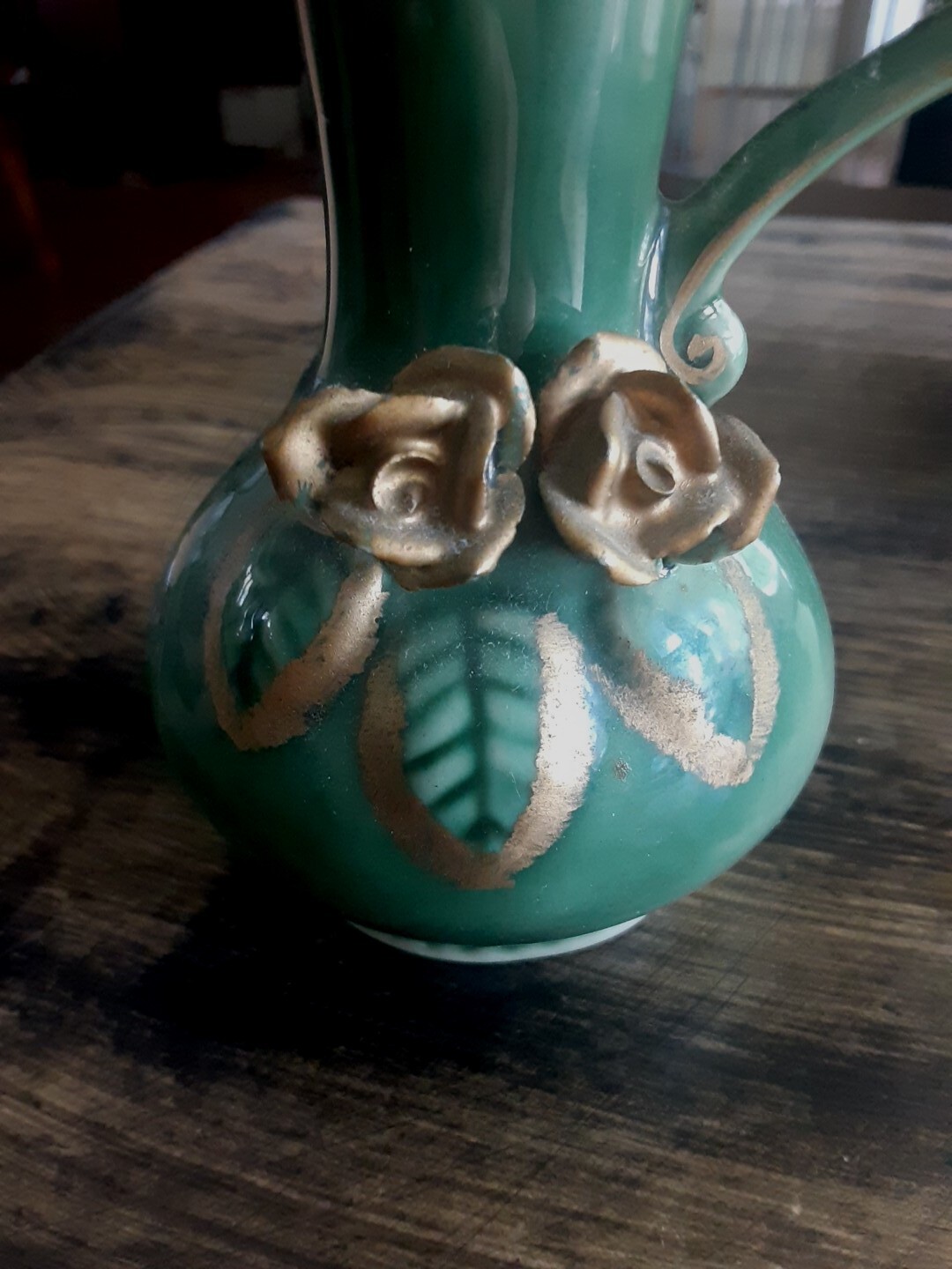 Two 5 In Tall Green Gold Pottery Pitcher Vase Applied Gold Flowers Vintage
