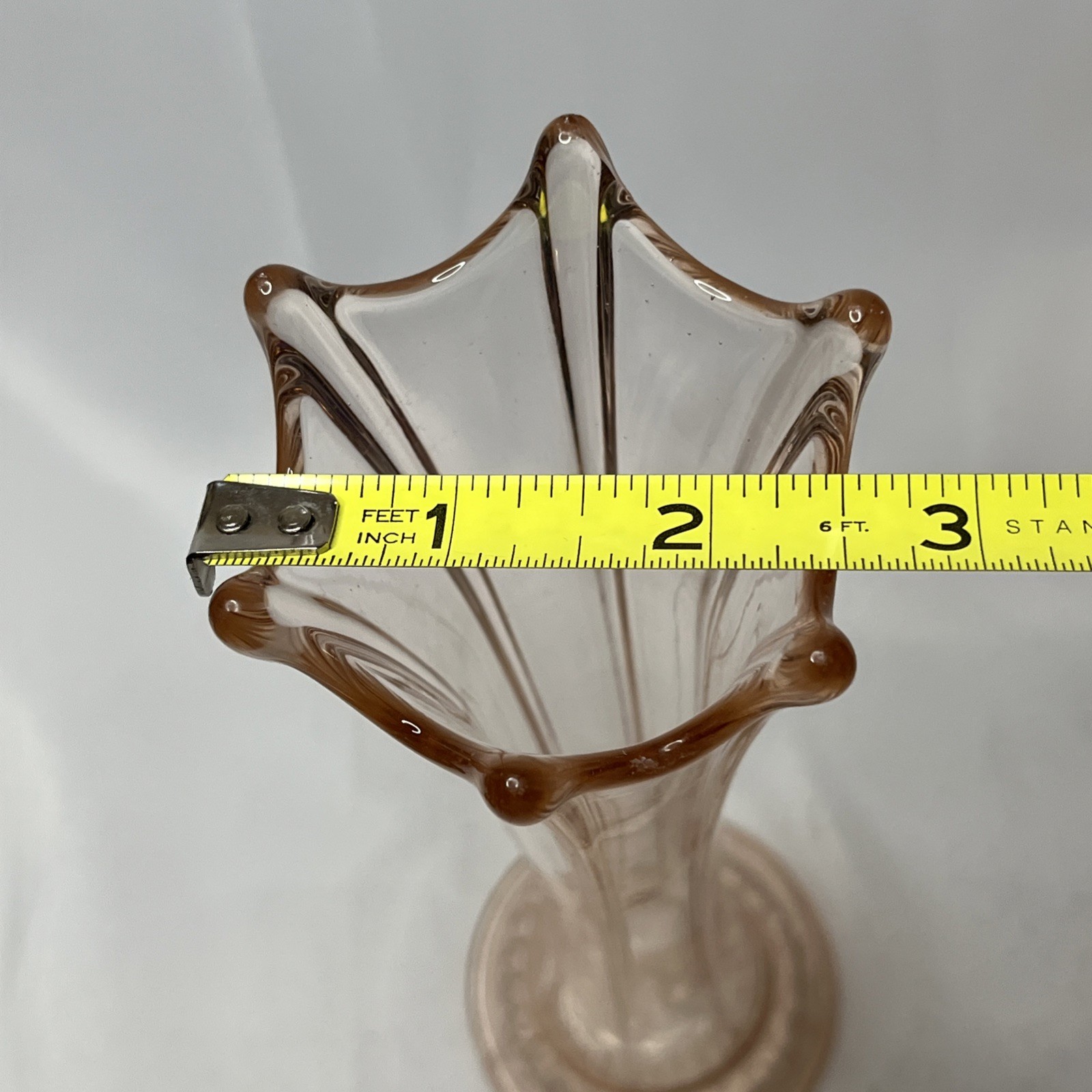 VTG Dugan Diamond Glass Pink Swung 6 Finger Ribbed Vase 9.5 Inches