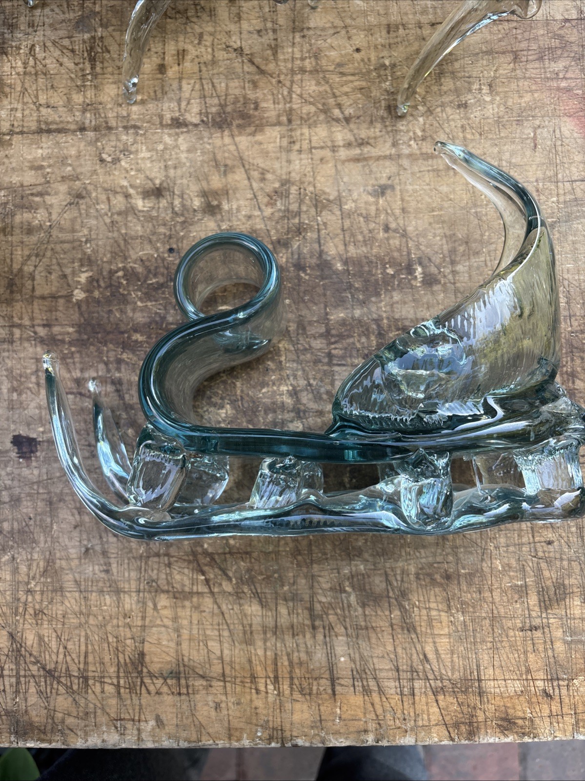 RARE Vintage Hand Blown Glass Sleigh And Reindeer Blue Nose. Read Description