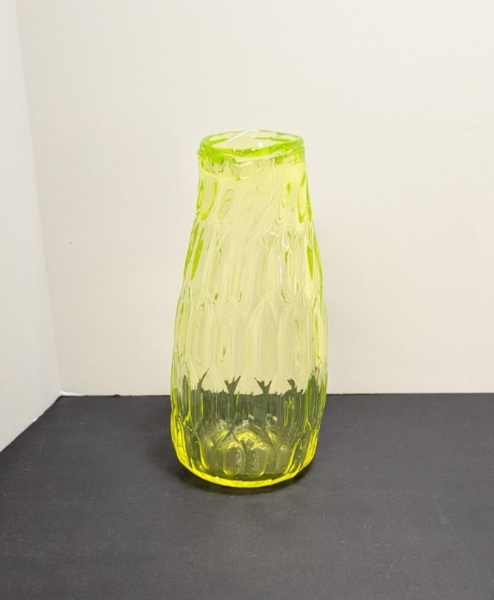 Vintage Bohemian Vaseline Glass Yellow Green Diamond Optic Uranium Ewer Vase