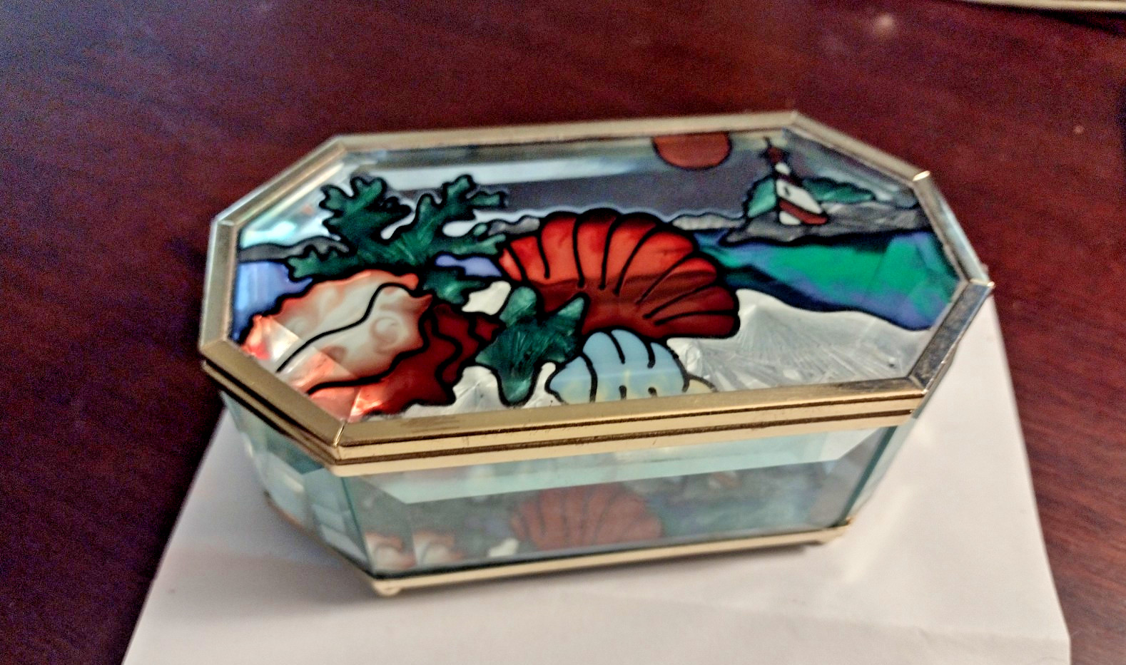 Stained Glass Brass Rim Footed Trinket Box Lighthouse Sea Waterfront Scenery