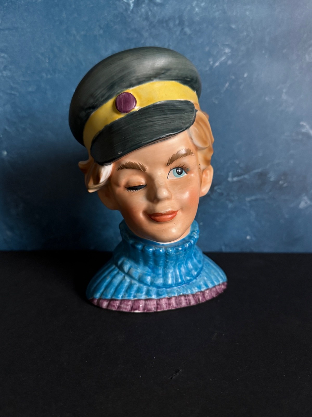 VINTAGE LADY HEAD VASE NM WINKING SAILOR BOY 6″