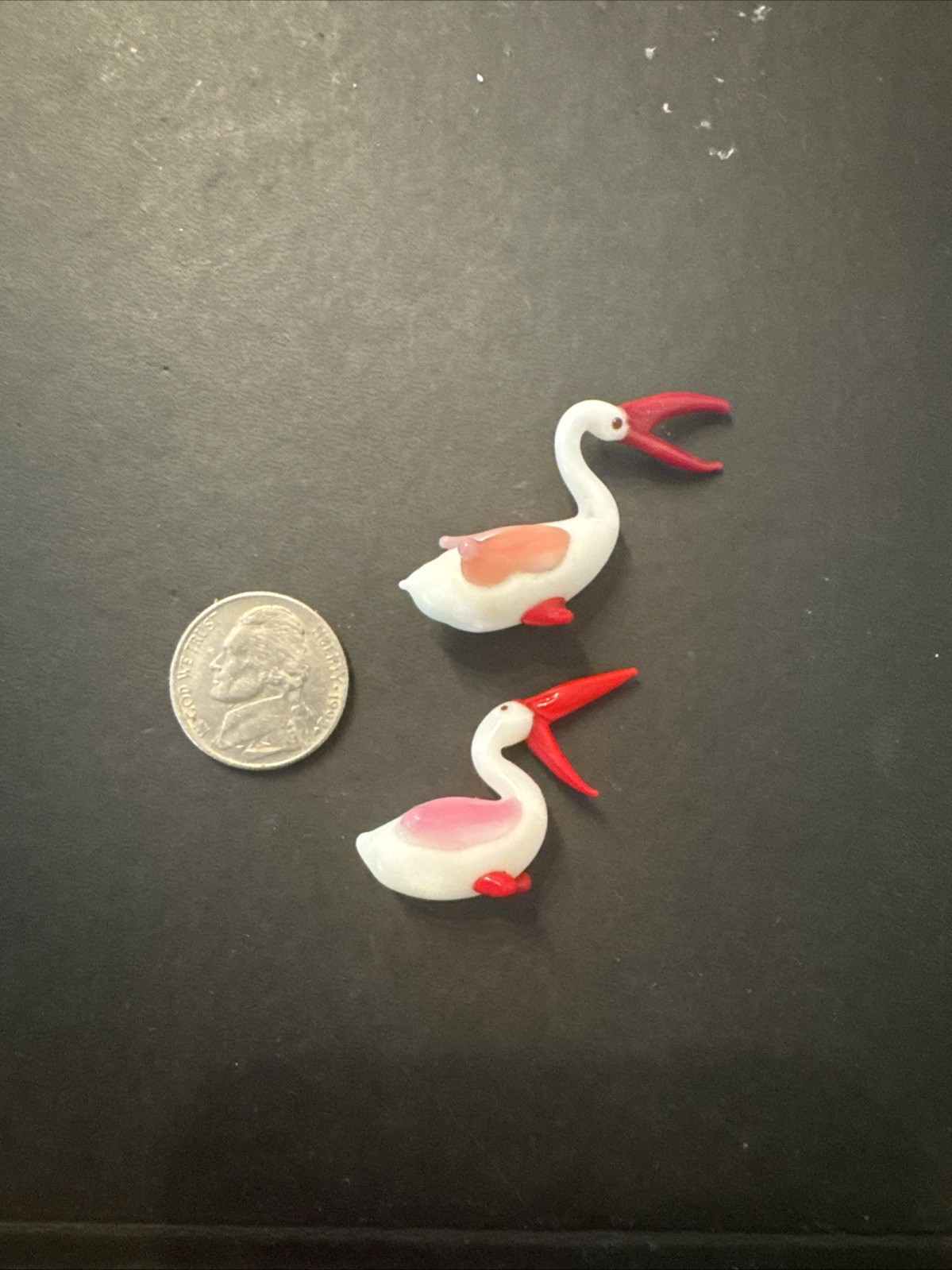 Mid Century Miniature Blown Glass Pelican Bird Figurine Pink Set of Two 2