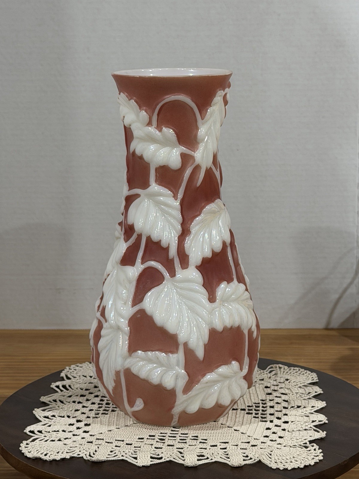 1930’s Phoenix Cameo Glass Vase – Philodendron Pattern – Dark Coral or Rose Shad
