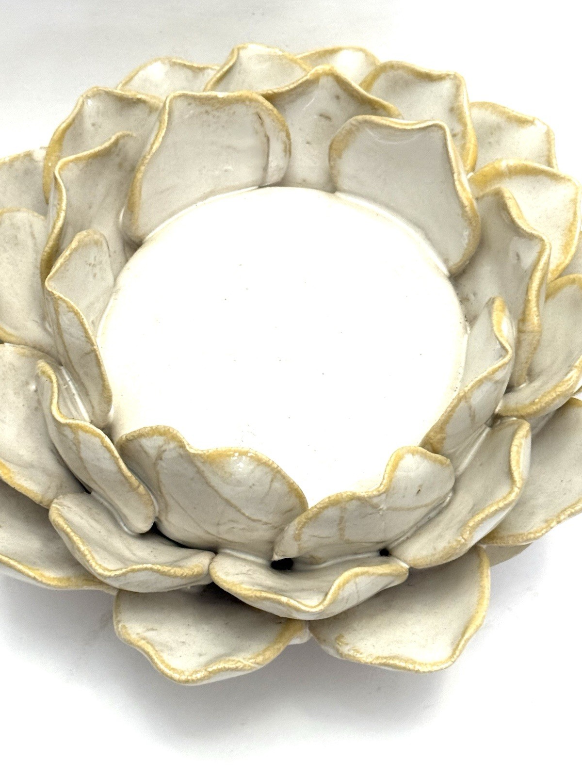 Lotus Ceramic Candle holder 30 Detailed Petals Flower Intricate Cream 6×3”T