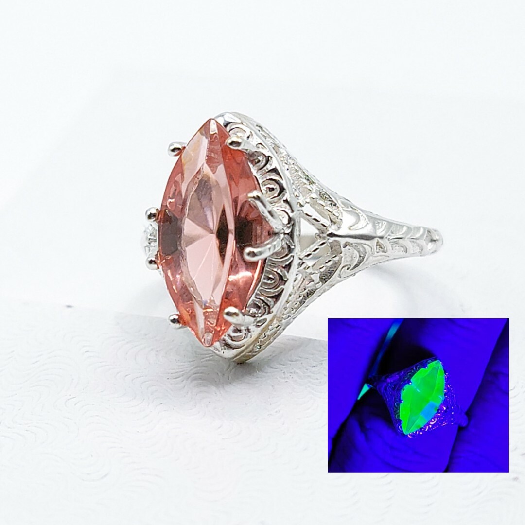 Sterling Pink Uranium Glass Ring Marquise Cut Art Deco Filigree Bright 925