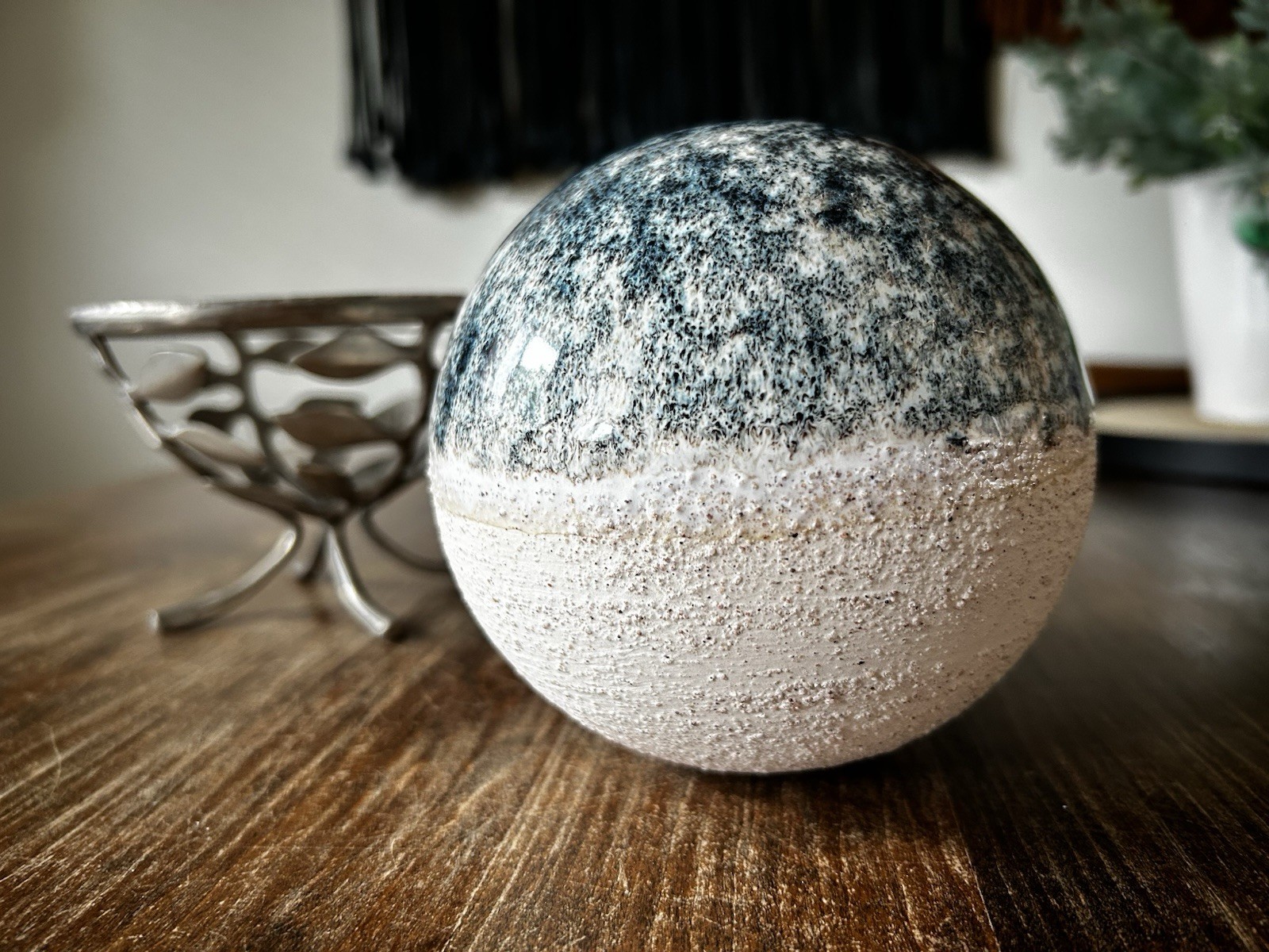Pottery Ceramic Azurite Orb On Metal Stand Rough On Bottom Smooth On Top