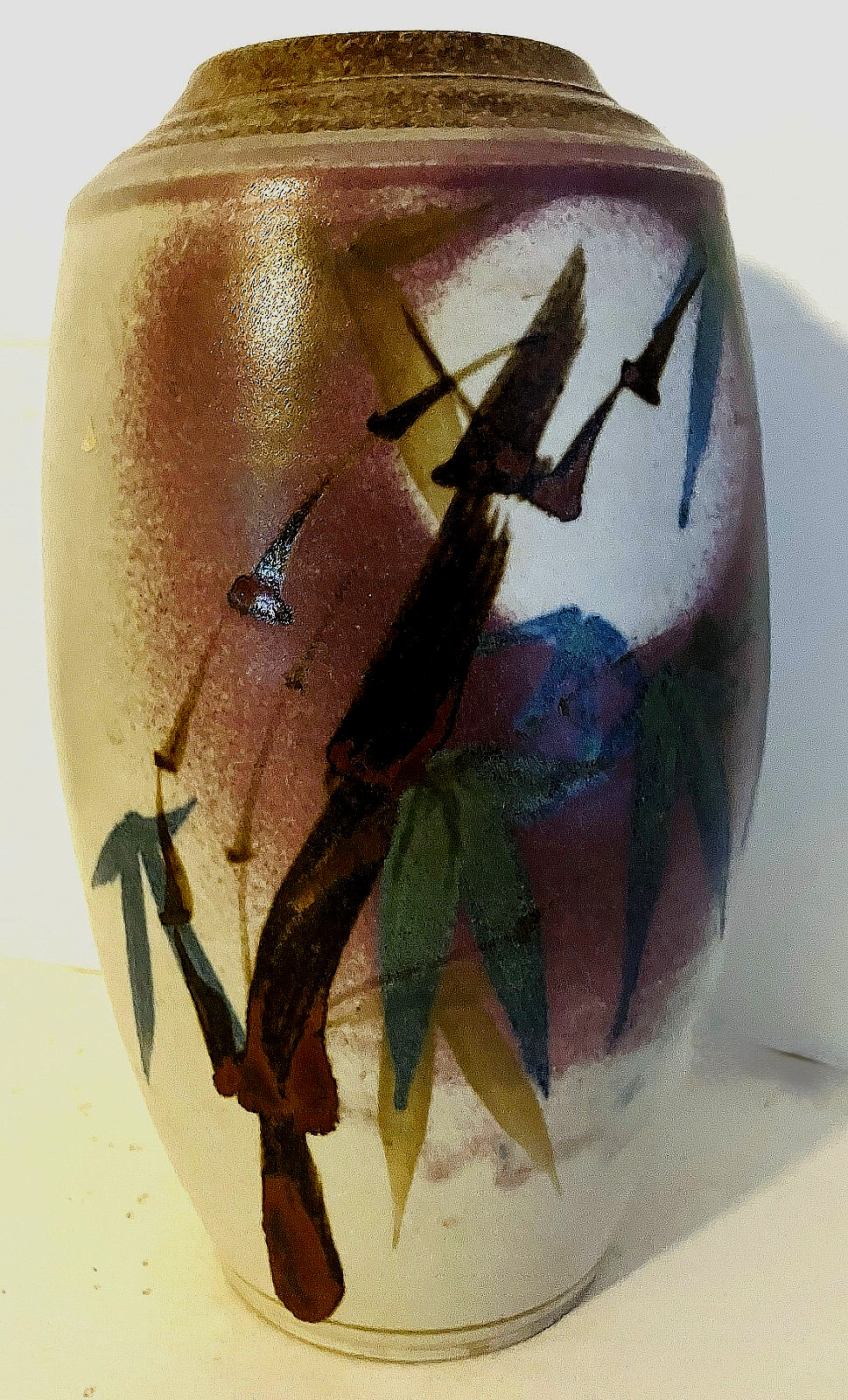 Studio Art Pottery Vase Brown & White w/ Japanese Style Black Graphics 10″H, 5″W