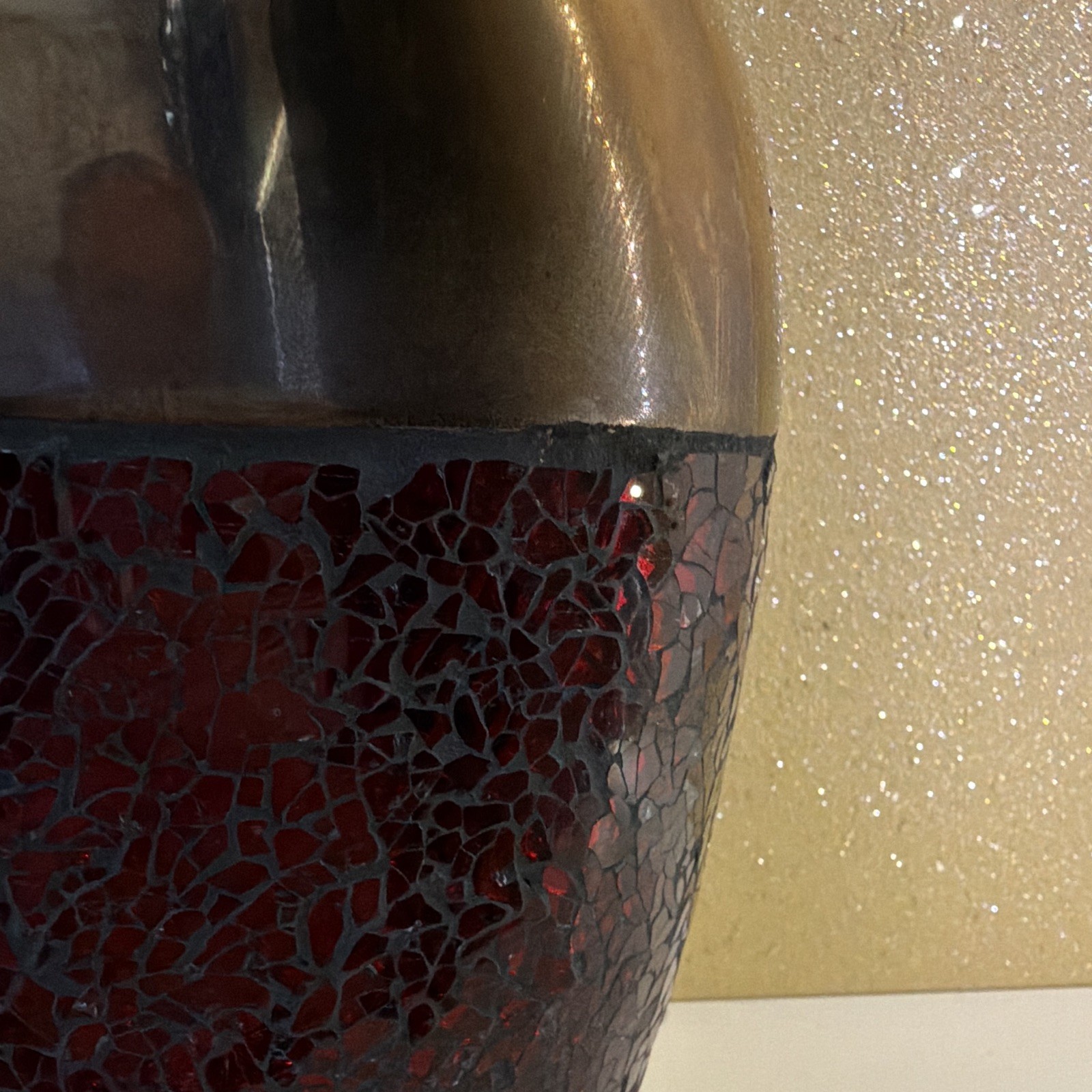 Black & Red Crackle Mosaic Ceramic Vase Glossy Textured 14 1/2in MPN 64170C0086