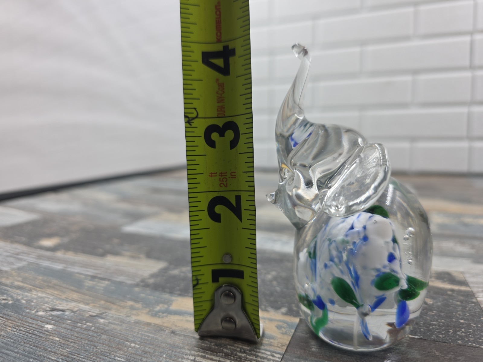 Hand Made Crystal Elephant With Blue Green And White Inside Paper Weight Figurin
