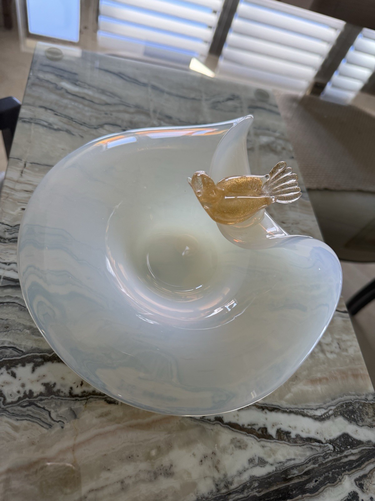Mid 20th Century Murano Attributed Opalescent Glass Bowl Perchin Gold Fleck Bird