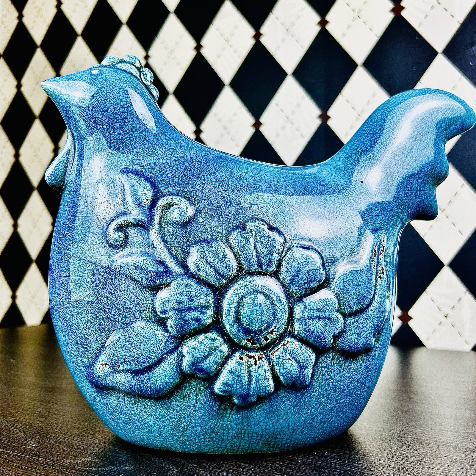 Large Danish Midcentury 13″ Ceramic Hen 1960s Turquoise Crackle Glaze Sculpture