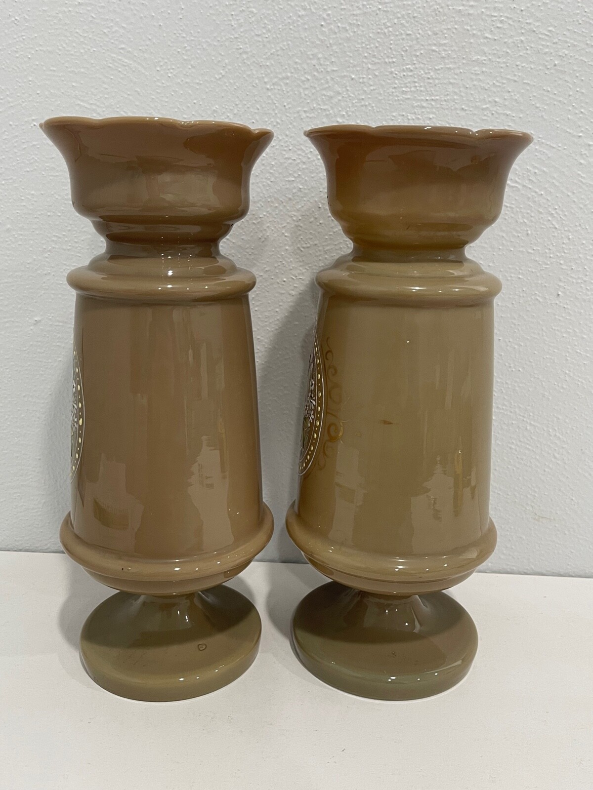 Antique Bristol Glass Pair of Vases w/ Painted Flowers & Butterfly Decoration
