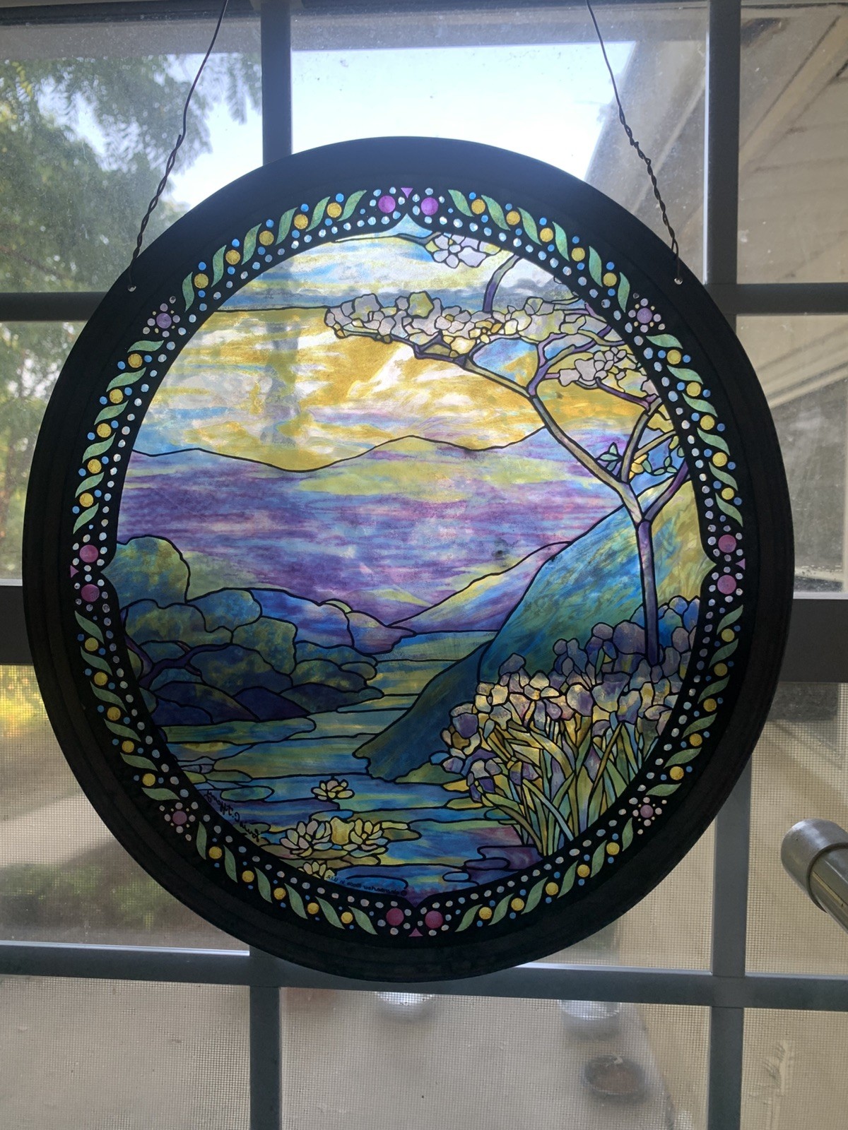 Vintage Stained Glass Landscape Lilies Louis C. Tiffany Oval Shape Glassmasters