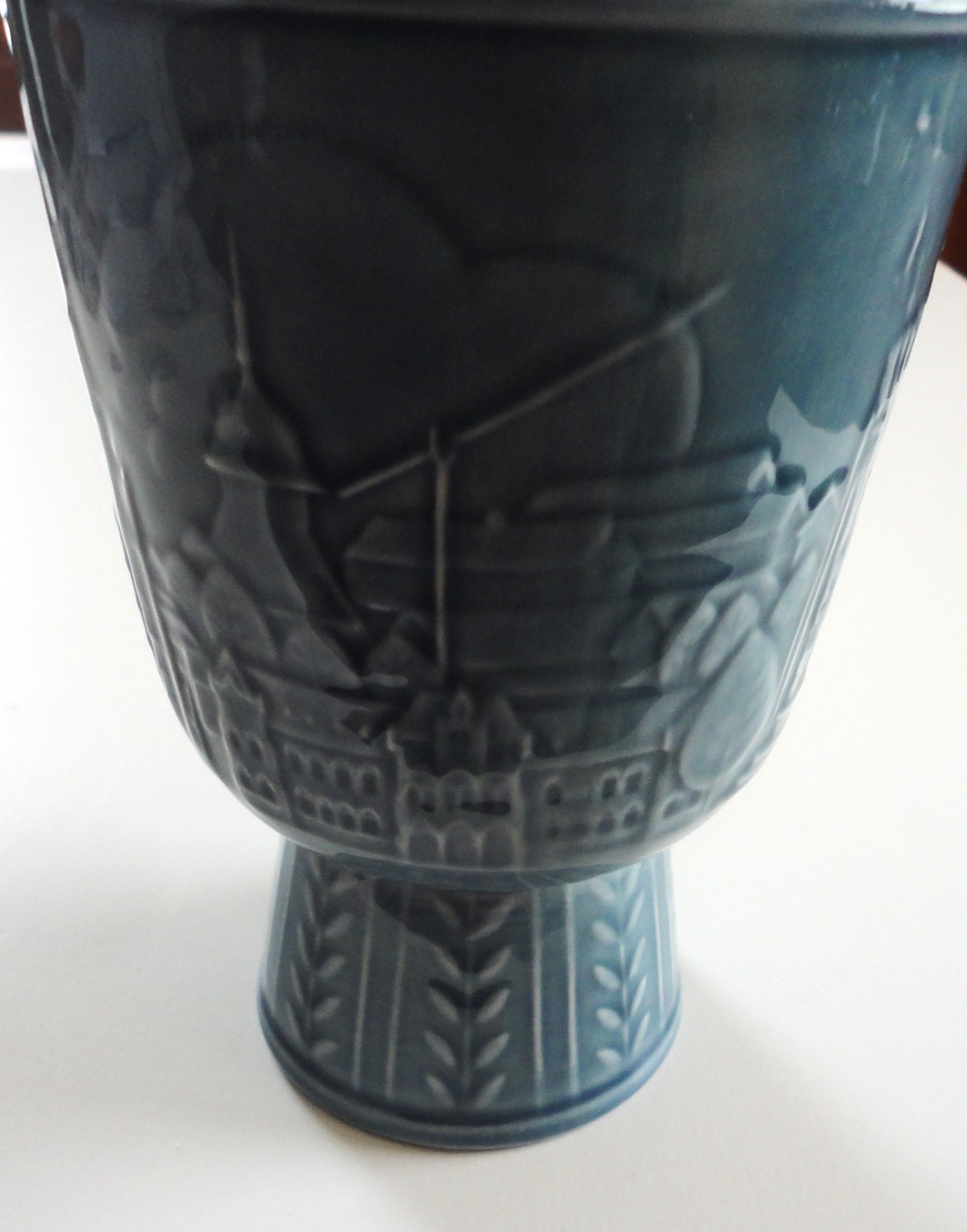 Midcentury Gunnar Nylund Vase Embossed Skara Town Scene Blue Rorstrand Sweden