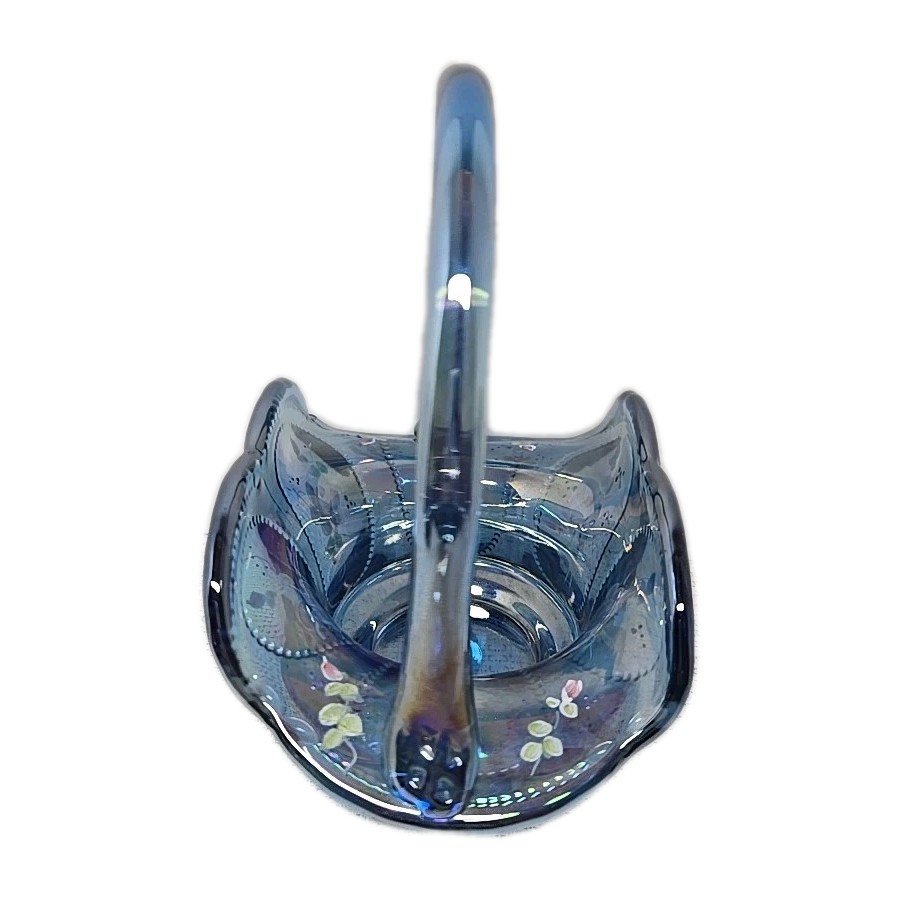 Vintage Fenton Twilight Blue Carnival Glass Beaded Oval Basket Signed 7 in. EUC