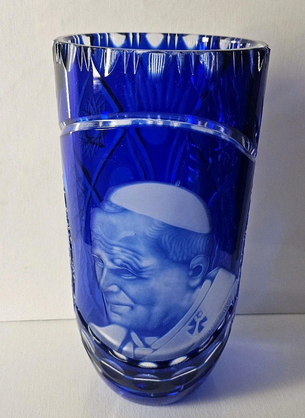 Cobalt Blue Cut To Clear Glass Vase Pope John Paul Bohemian Style 9.75″