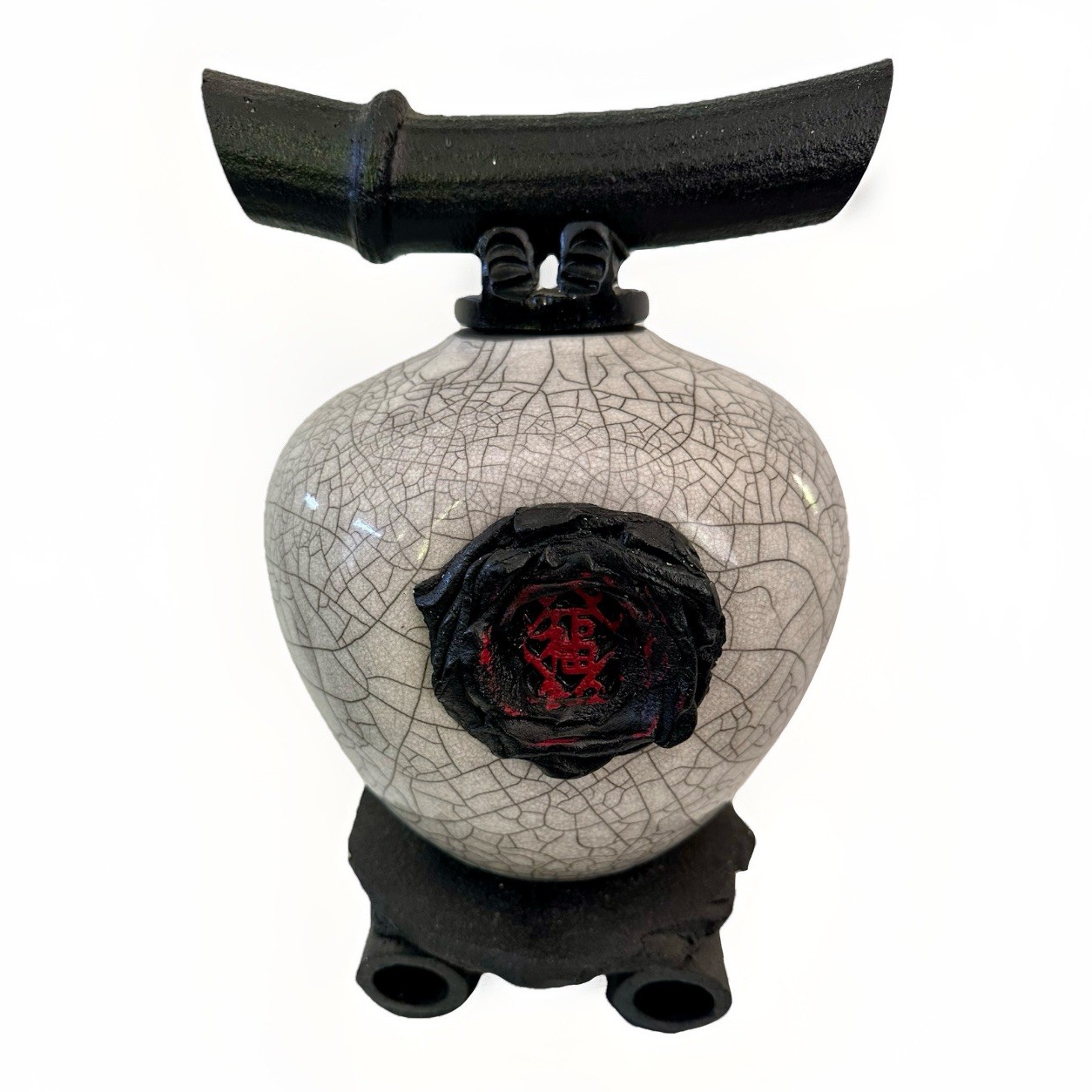 Matthew Lovein Raku Art Pottery Wish Keeper White Crackle Finish Jar Sculpture