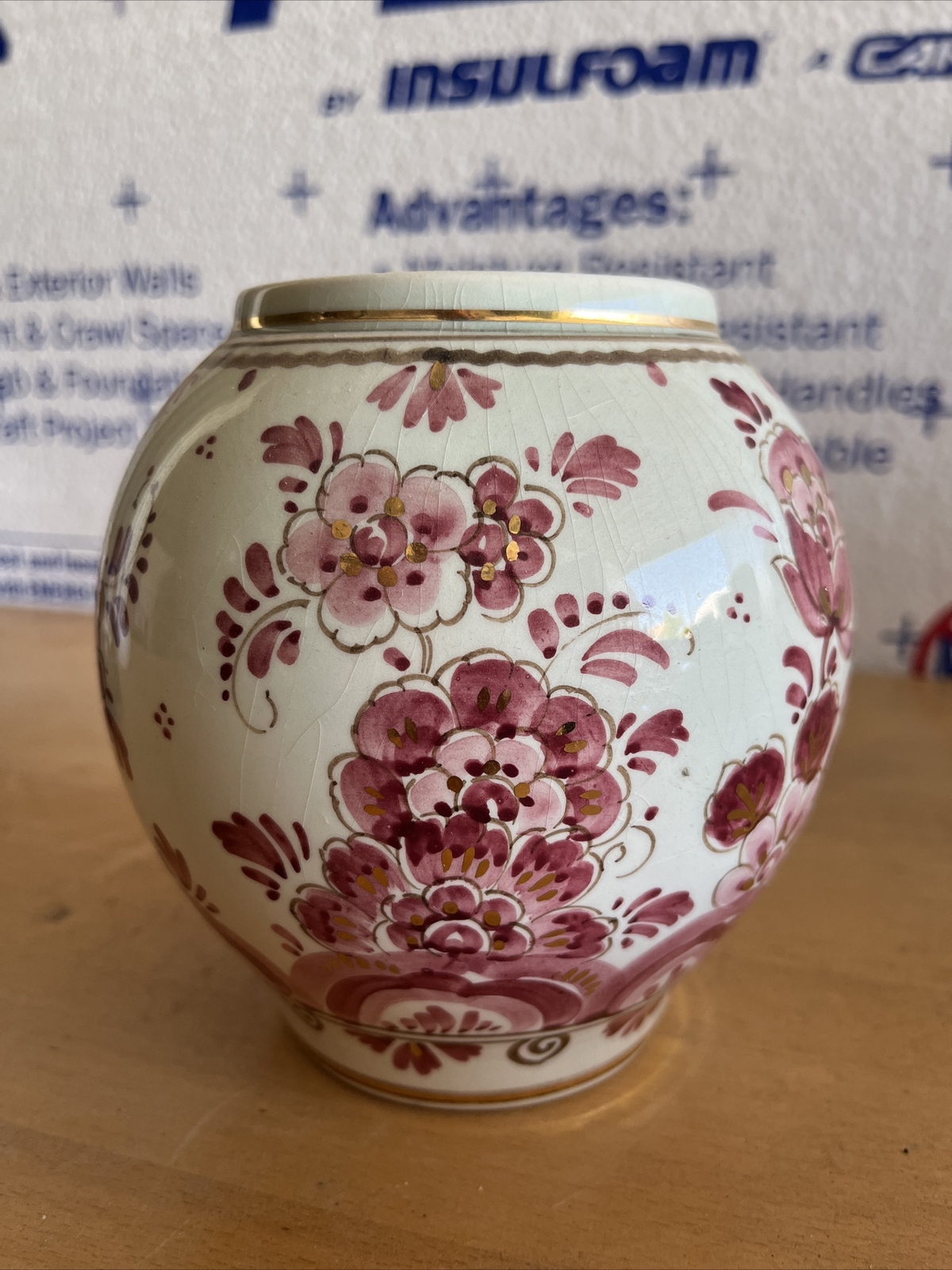 5 inch diameter Rose Bowl Vase, vintage hand painted European
